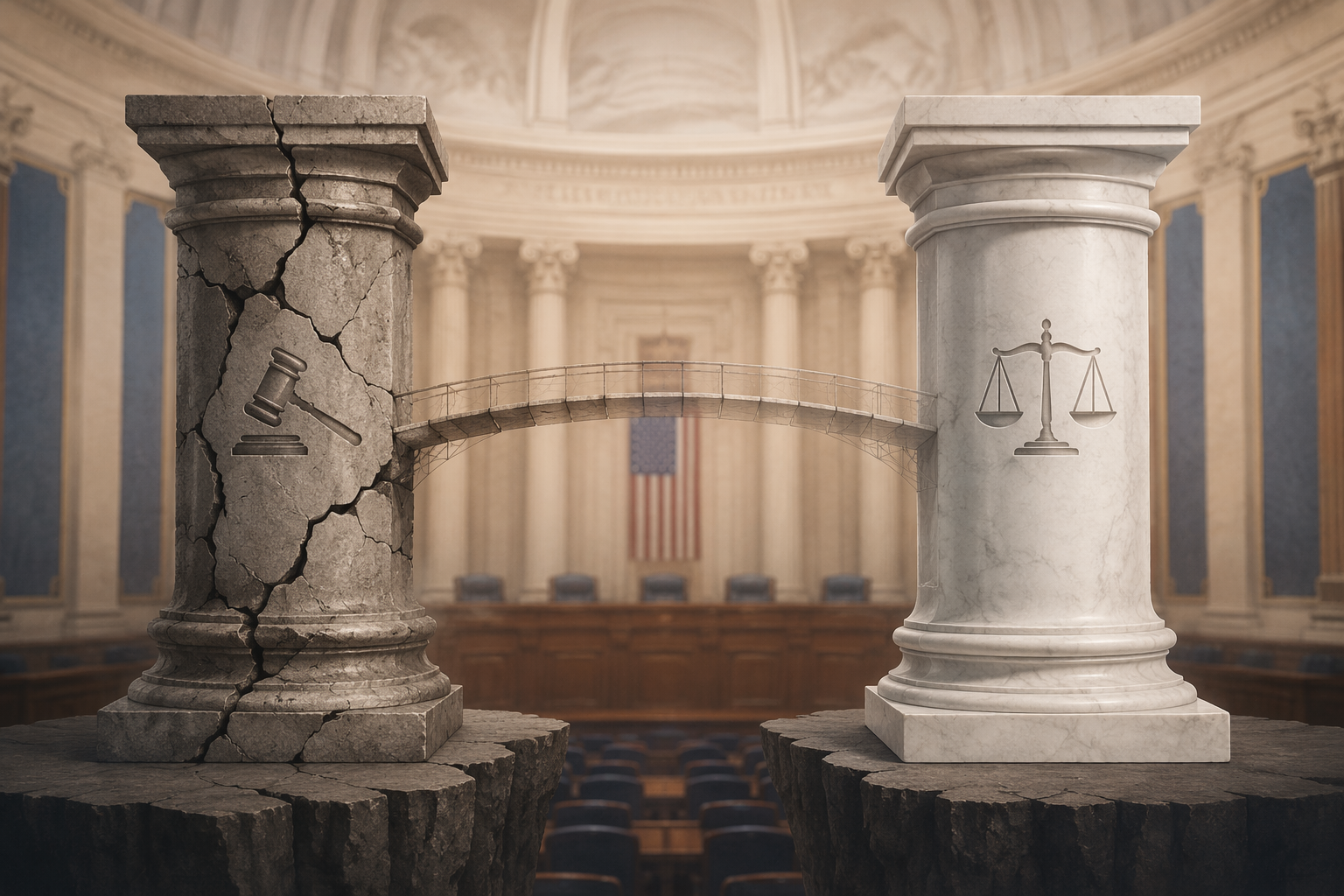 Two pillars symbolizing an untested constitutional vulnerability and a strong legal precedent