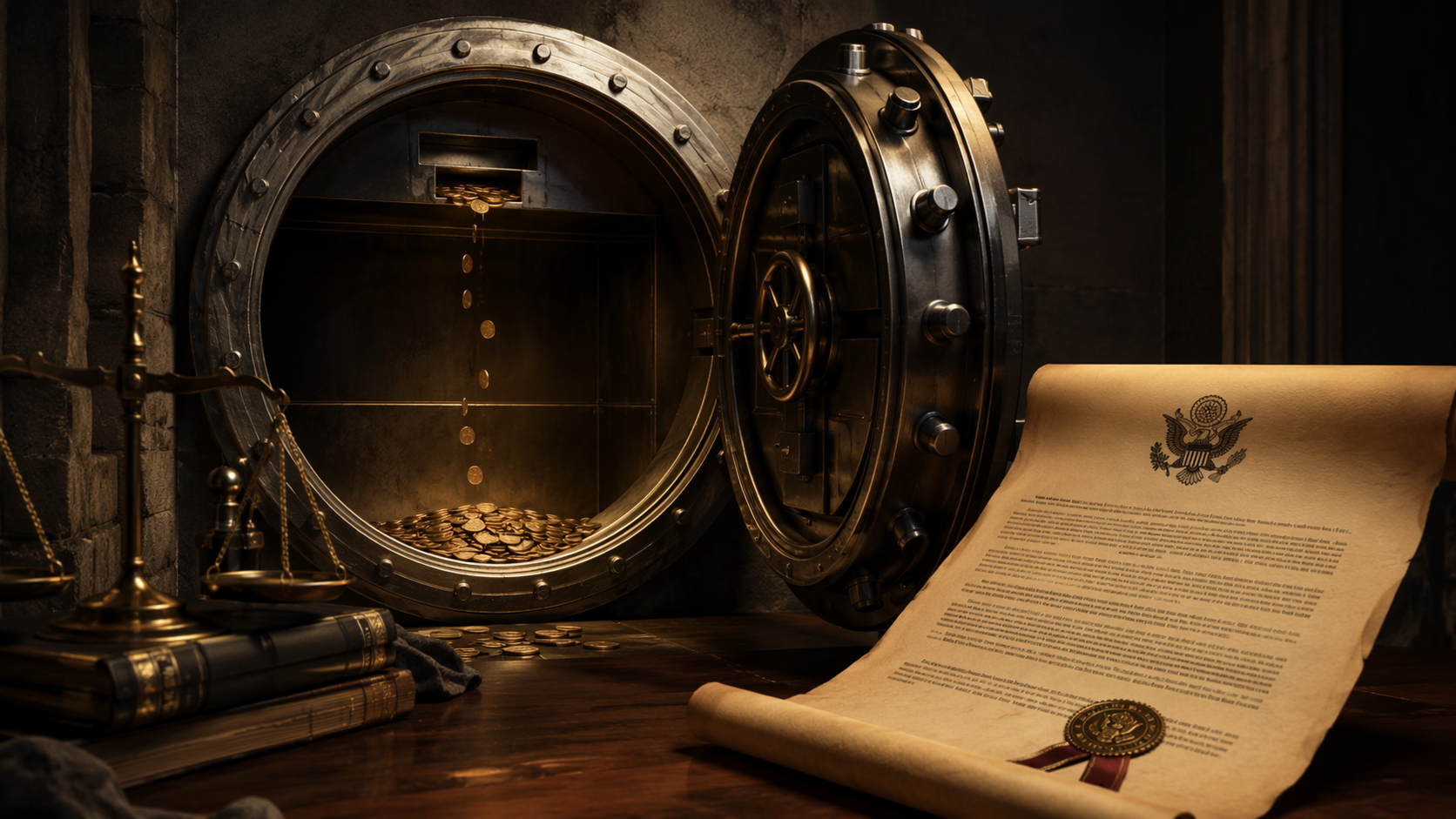 A partially empty government-style vault with coins and an official legal scroll, suggesting a depleting trust fund governed by statute