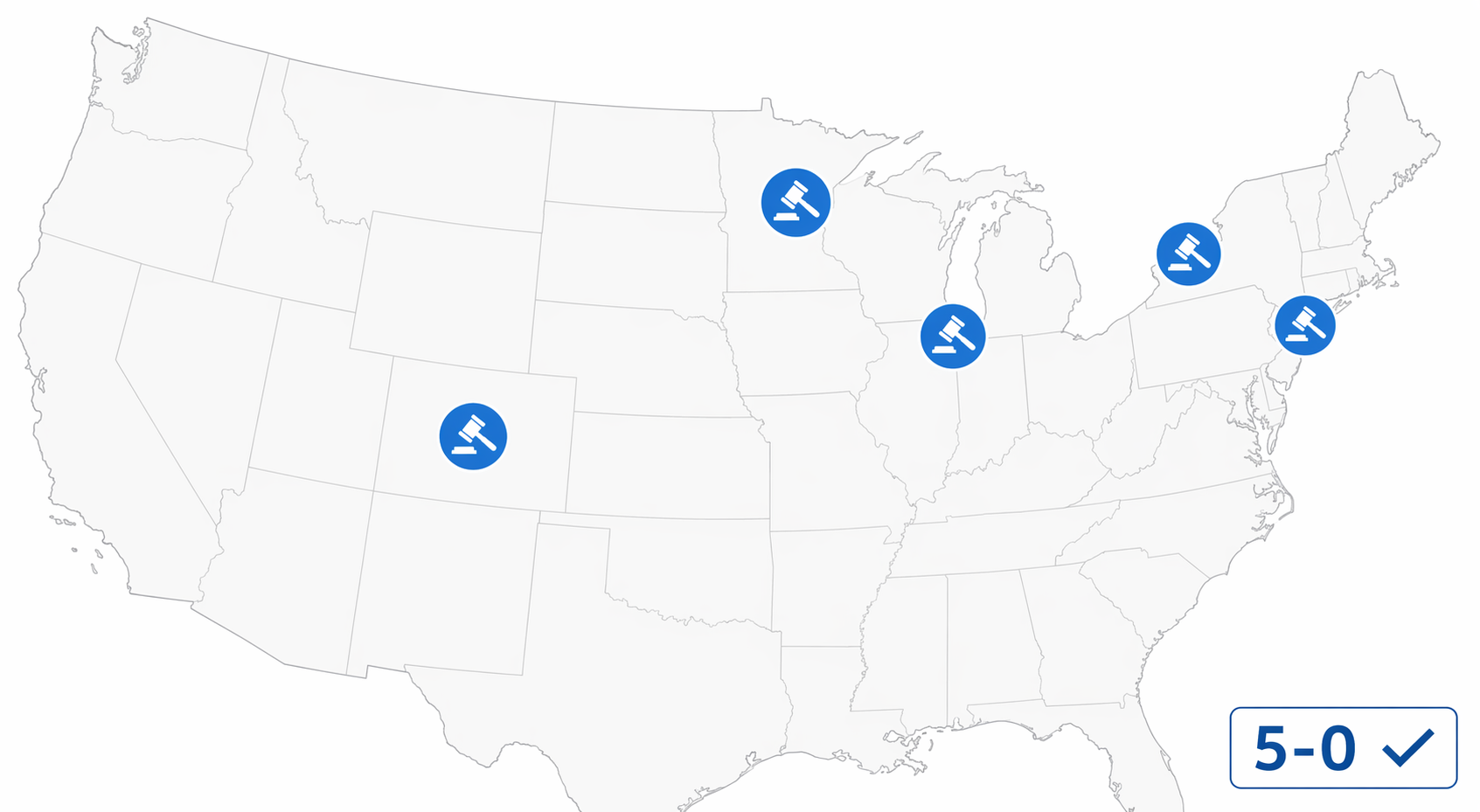 Map of the United States highlighting five federal district locations with a 5-0 label