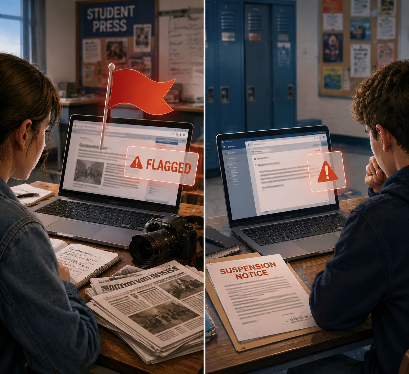 Student journalism files and an unsent email draft shown with AI flag alerts and school discipline documents
