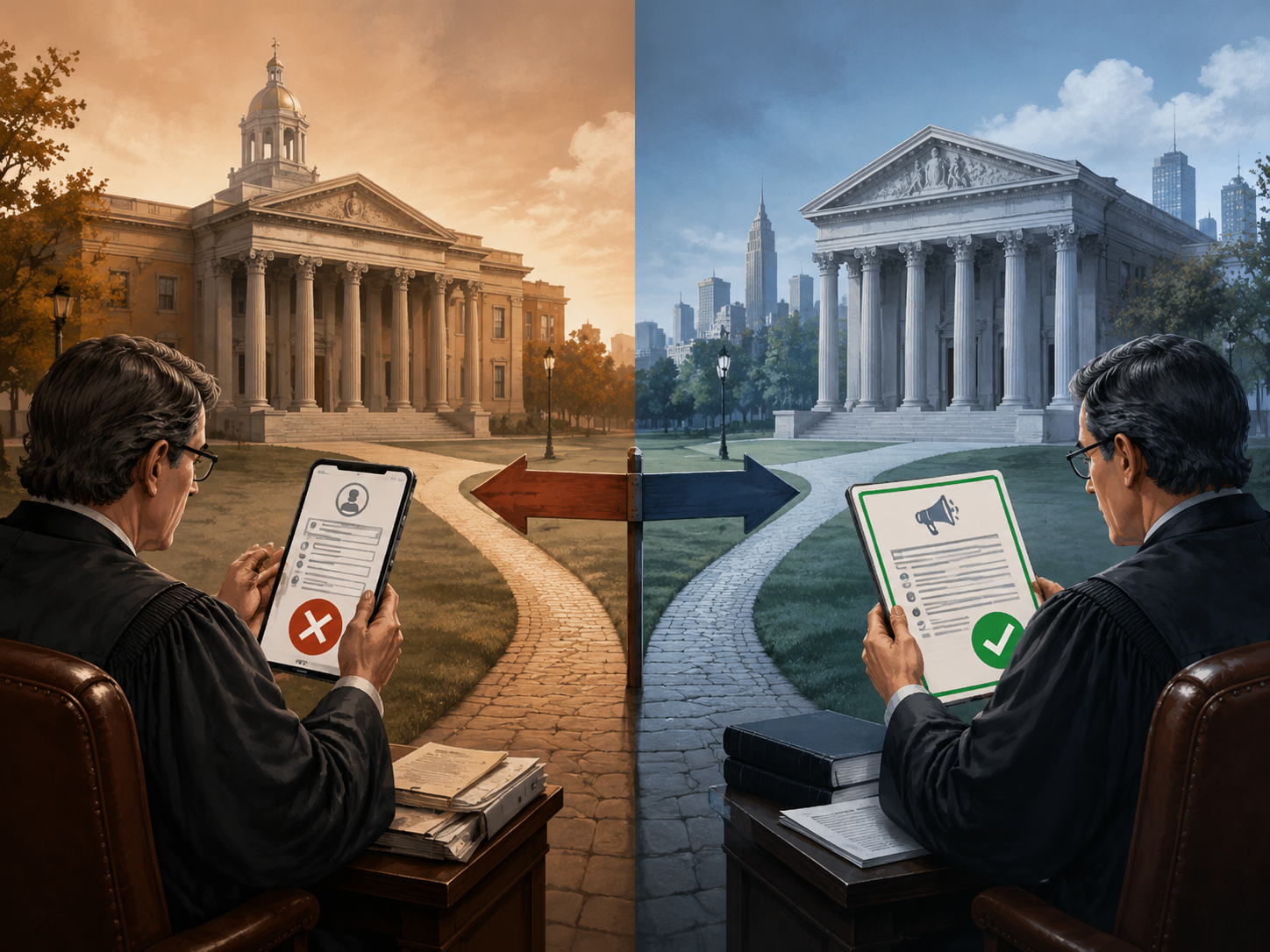 Split-screen courthouse comparison showing missing sign-up flow records in Massachusetts and displayed promotional terms in New York