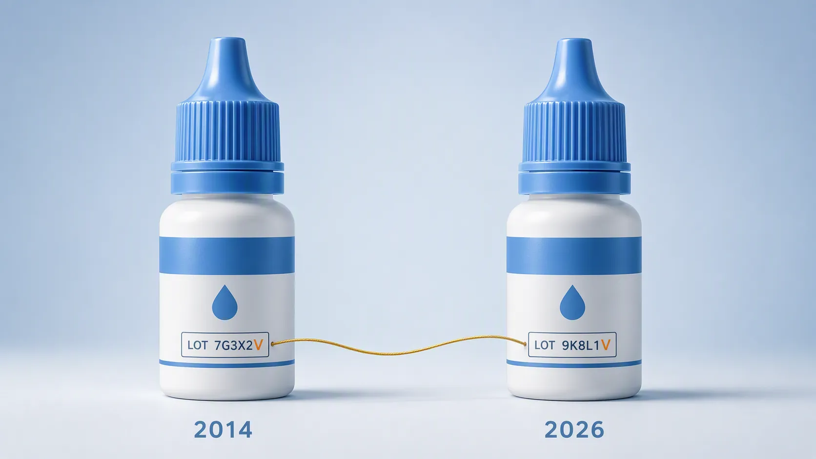 Two generic eye drop bottles labeled 2014 and 2026 with highlighted V lot-code endings connected by a golden thread