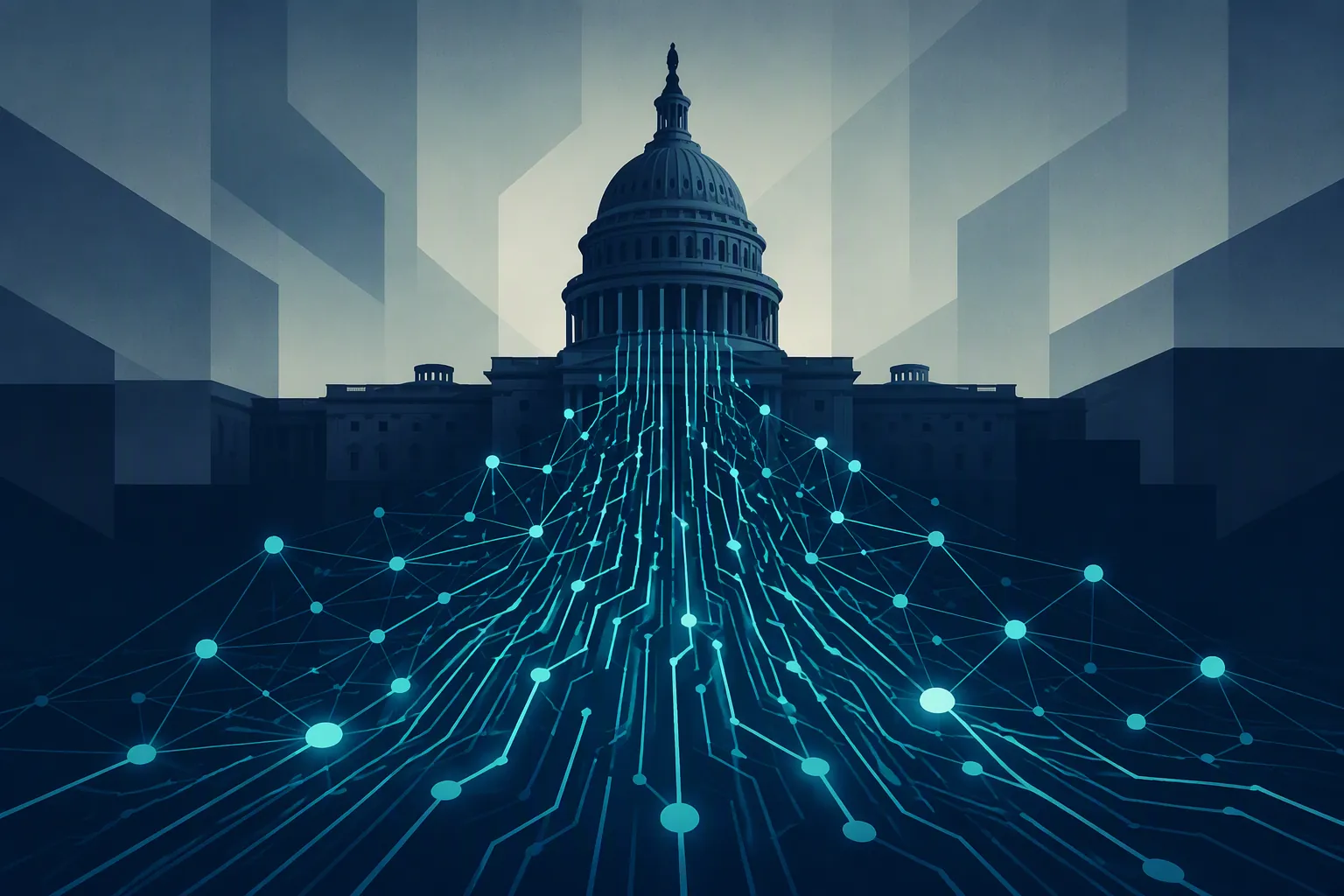 US Capitol dome with glowing circuit traces symbolizing AI industry lobbying pressure on federal lawmakers