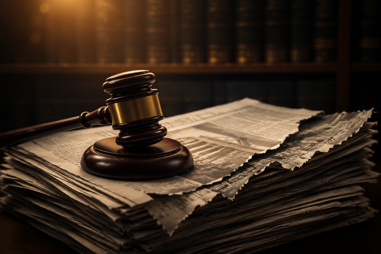 A gavel resting on newspapers as a polished article tears at the edges