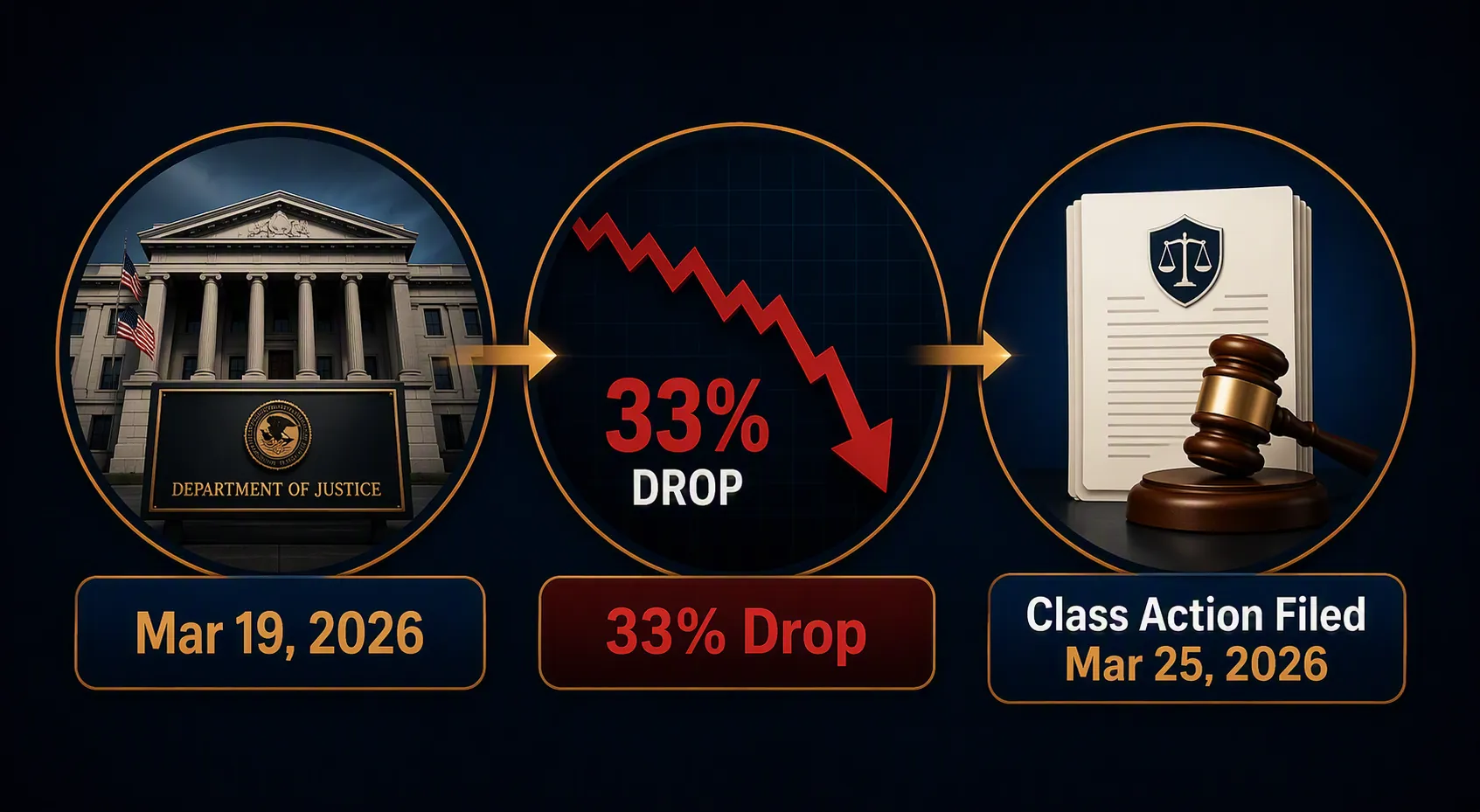 Timeline showing DOJ indictment on March 19, 2026, a 33% stock drop, and class action filed on March 25, 2026