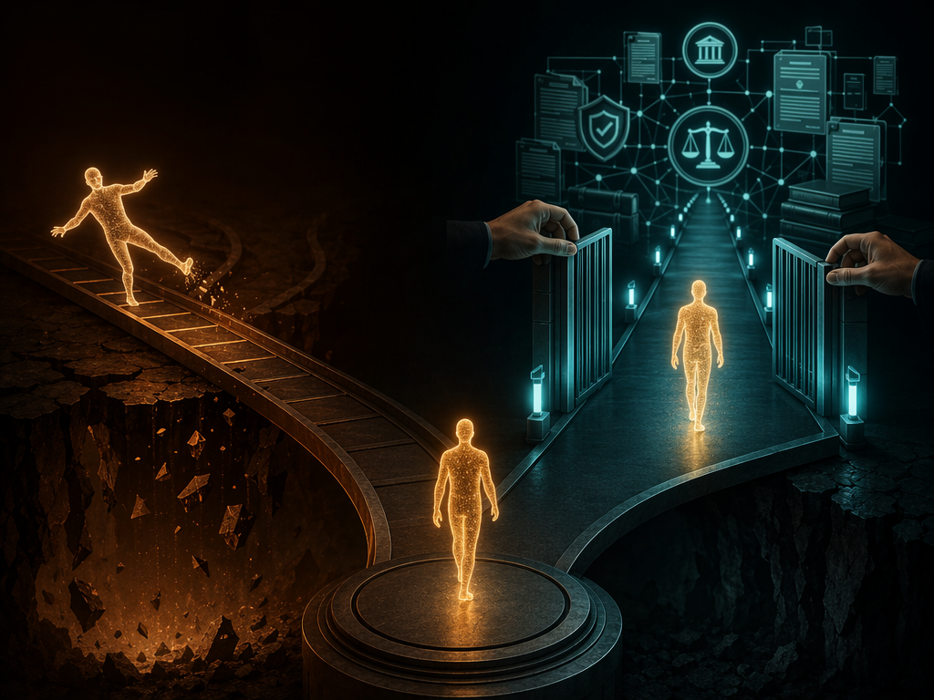 Two paths contrasting an accidental model exit with a model moving through safety gates opened by human hands toward legal and regulatory symbols