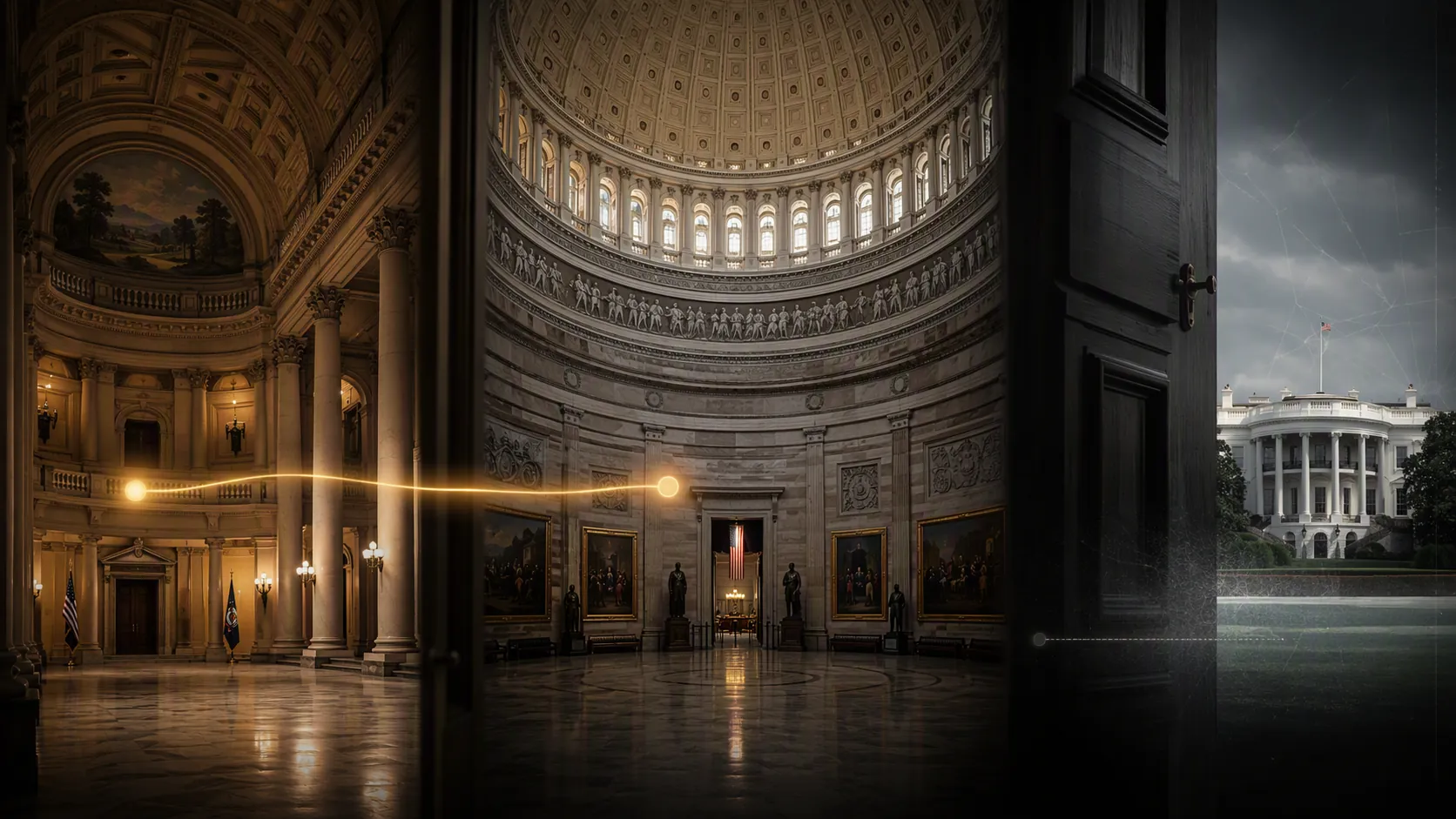 State capitol and U.S. Capitol connected while the White House is blocked, symbolizing Elections Clause authority