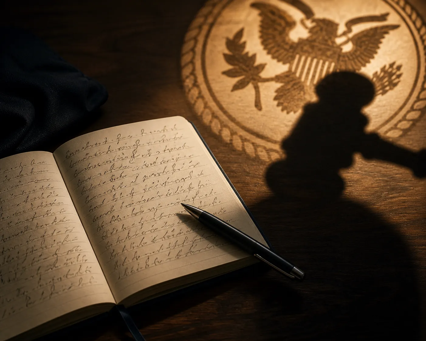 Reporter notebook on a desk under the shadow of a gavel and government seal