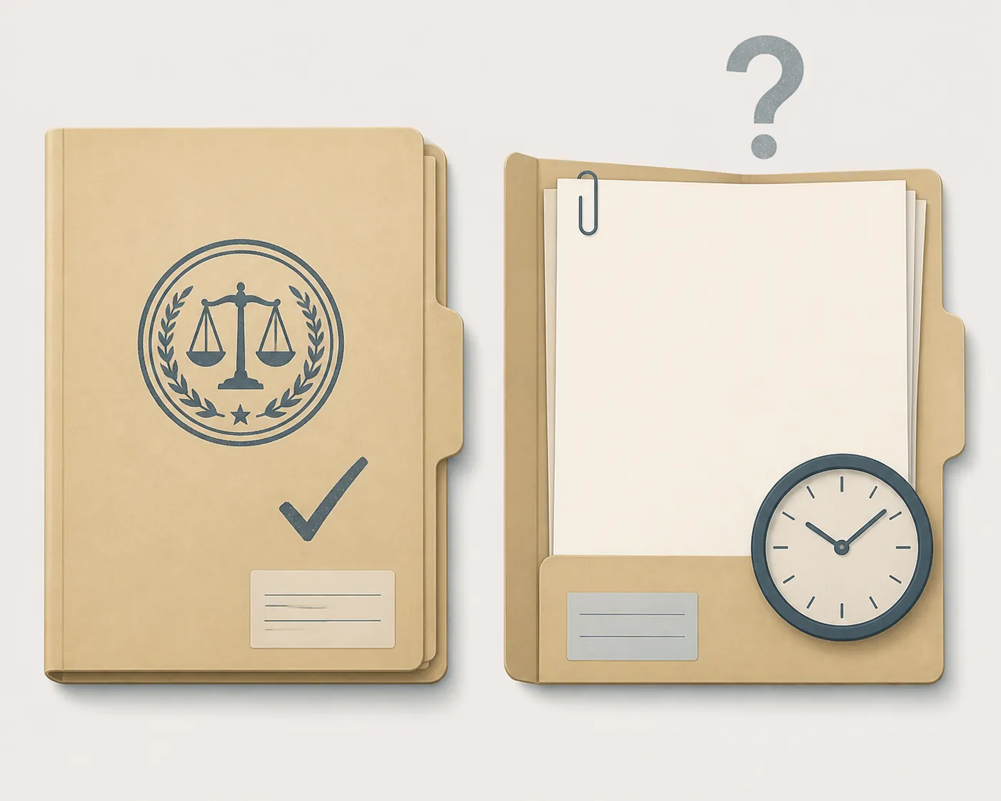 Two legal files contrasting a closed prior matter with an open active docket