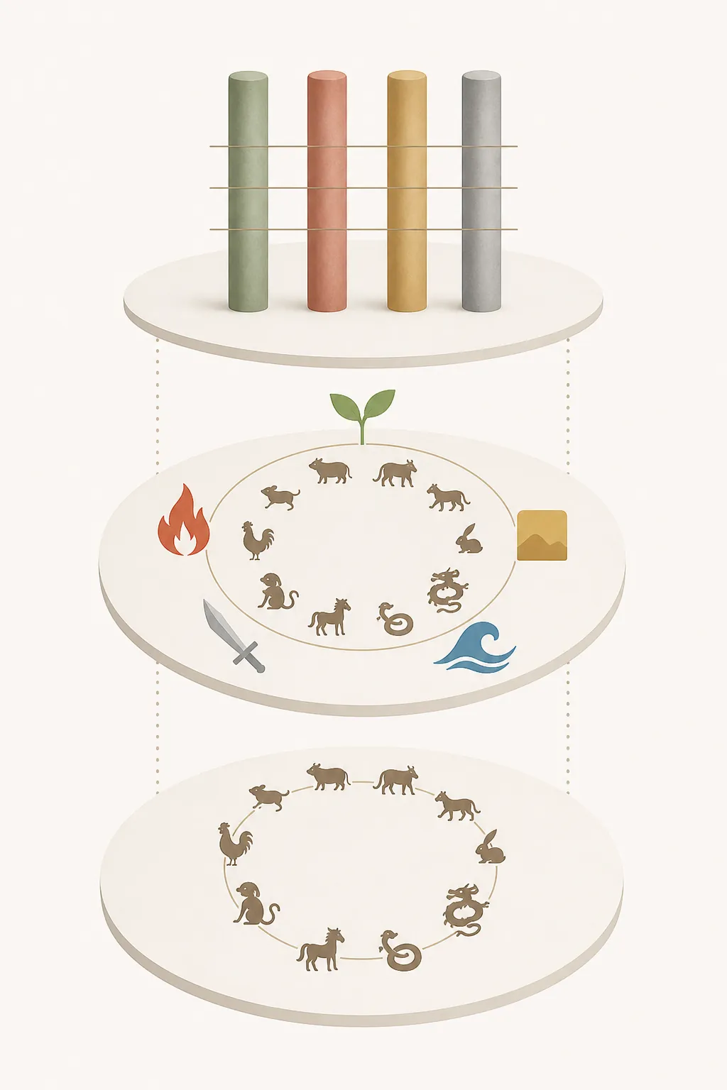 Layered diagram showing twelve animals, five elements, and four BaZi pillars as increasing levels of zodiac calculation