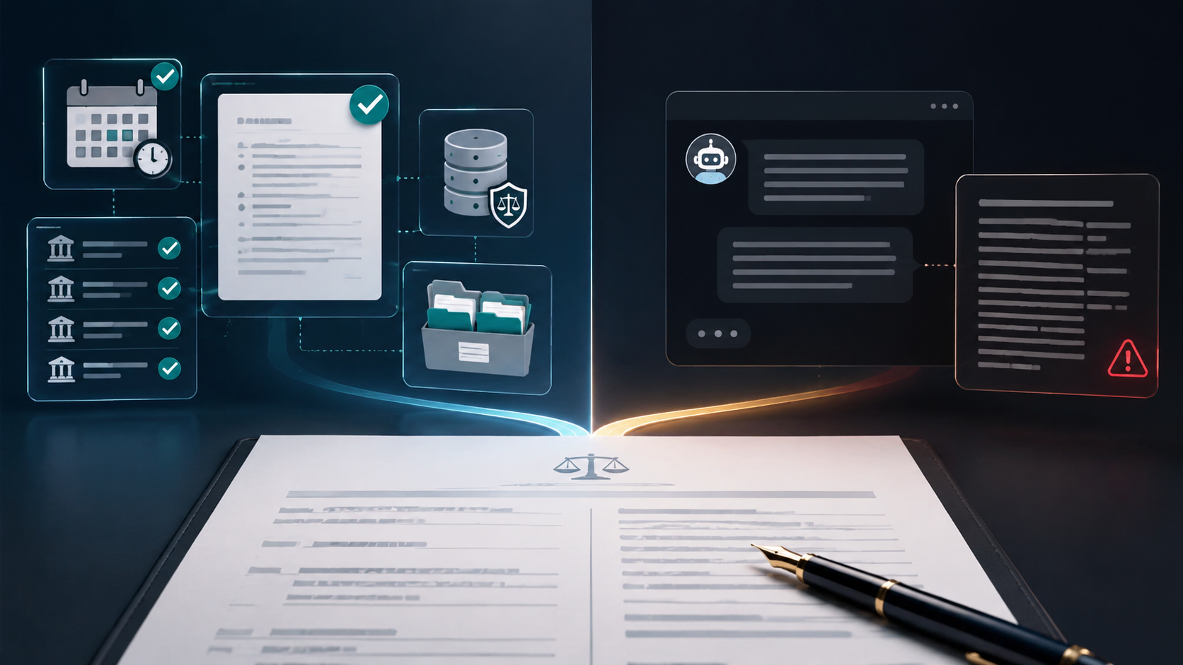 Structured legal AI workspace compared with a generic chatbot producing confident text over a legal filing template