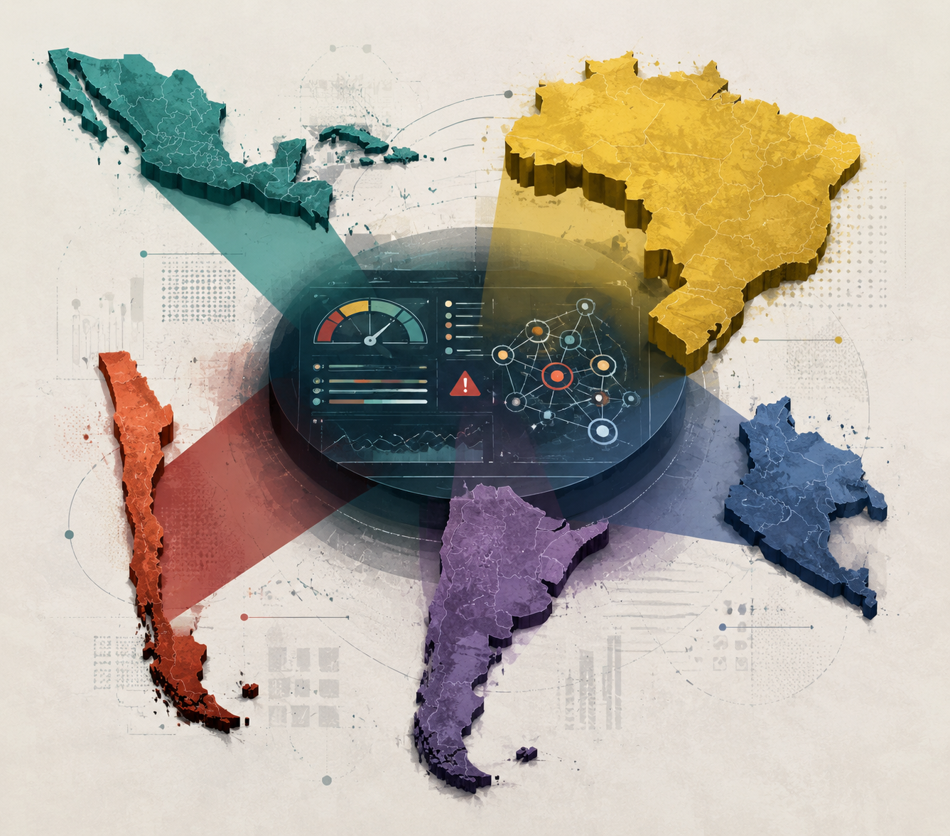 Fragmented Latin American regulatory map over an abstract financial risk dashboard