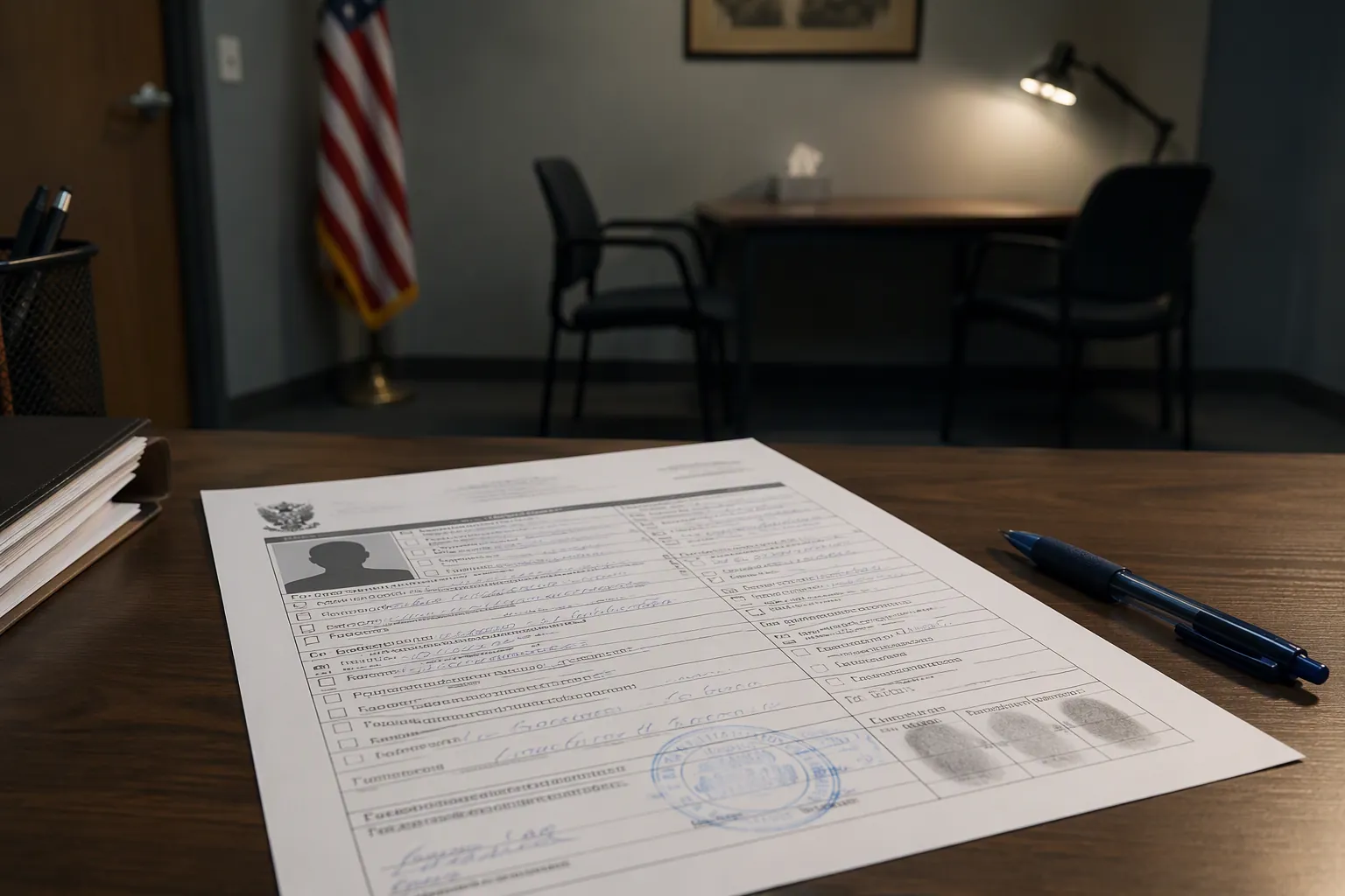Form I-589 on a desk with an empty interview room in the background