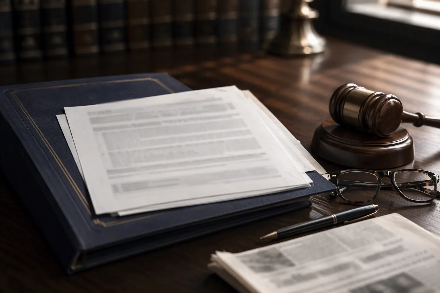 Municipal court desk with an open disposition file, gavel, reading glasses, and folded newspaper