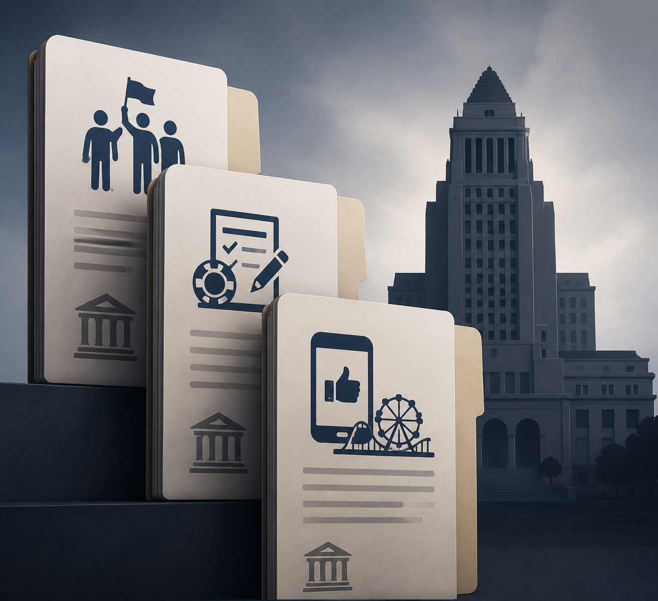Stacked legal documents representing union labor, betting tax, and social media amusement tax litigation converging on city hall