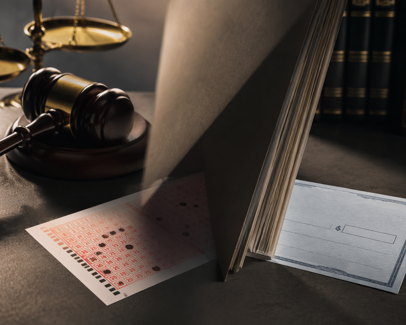 Lottery ticket on a dark desk under the shadow of a scale of justice and legal document