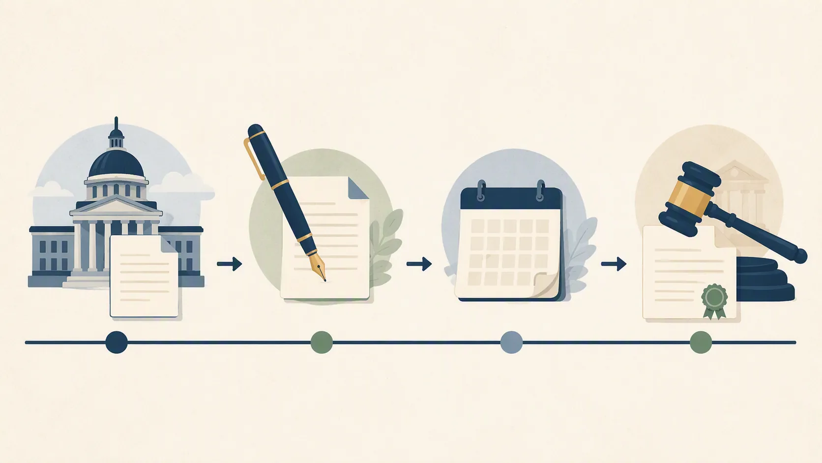 Lifecycle of a law moving through legislative milestones before receiving a seal