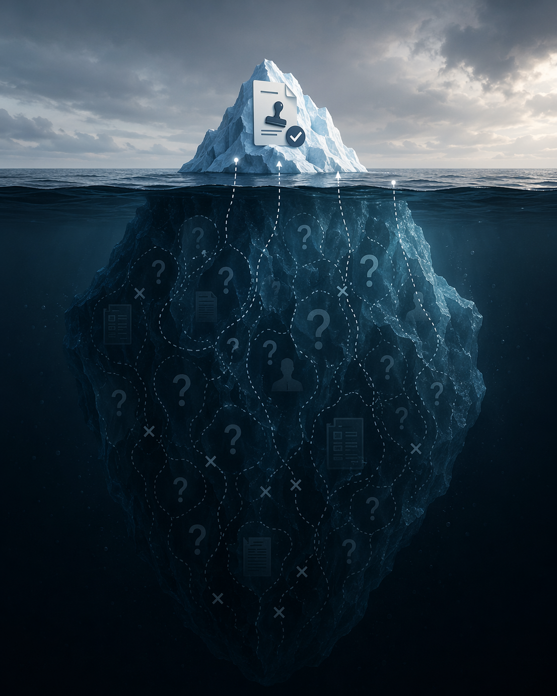 Iceberg showing visible court-recognized hallucinations above a larger hidden mass of undetected or confidential incidents