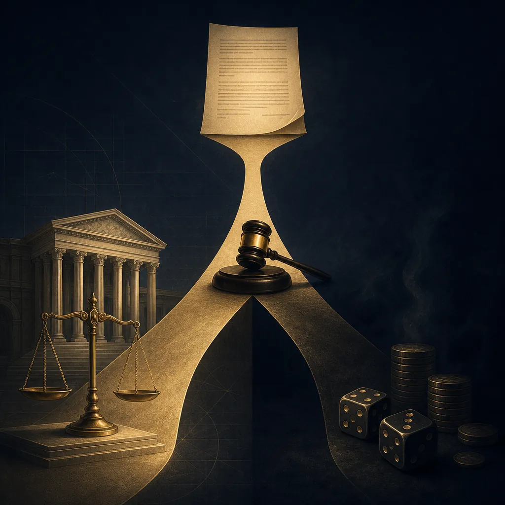 A contract document splitting toward regulatory scales or gambling dice