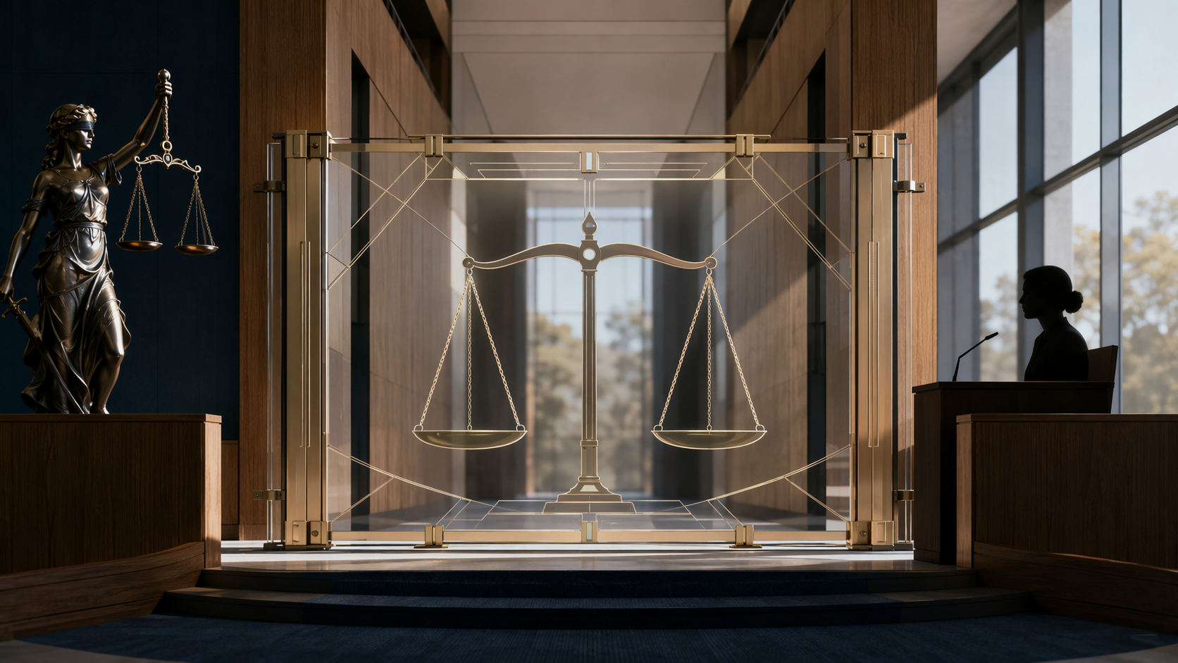 Australian courtroom illustration showing a gate-like barrier, scales of justice, and a witness stand