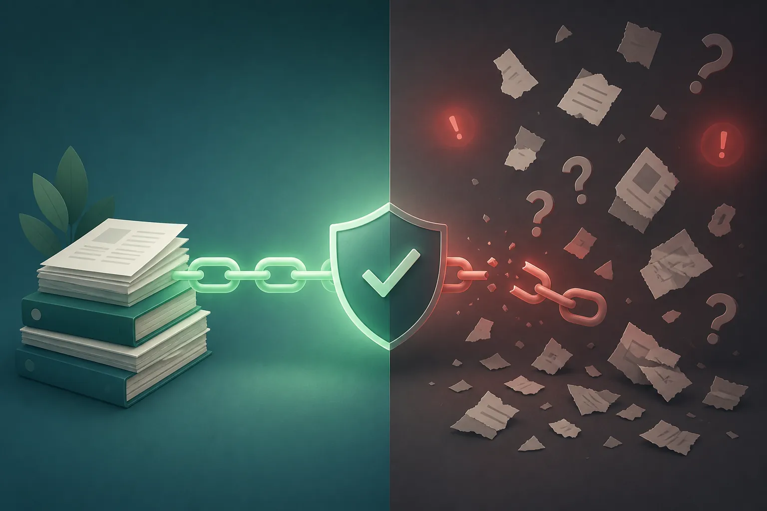Split illustration showing a chained document stack with a shield on one side and broken links with warning symbols on the other