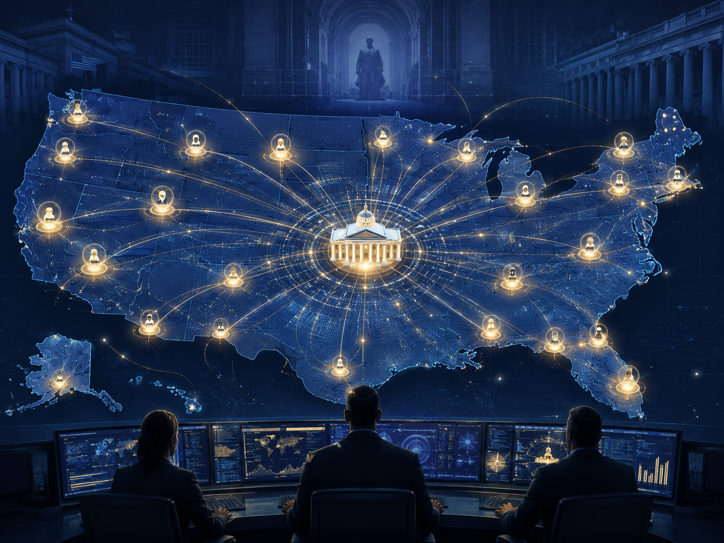 Nationwide fraud detection expansion from a central command hub across a stylized United States map