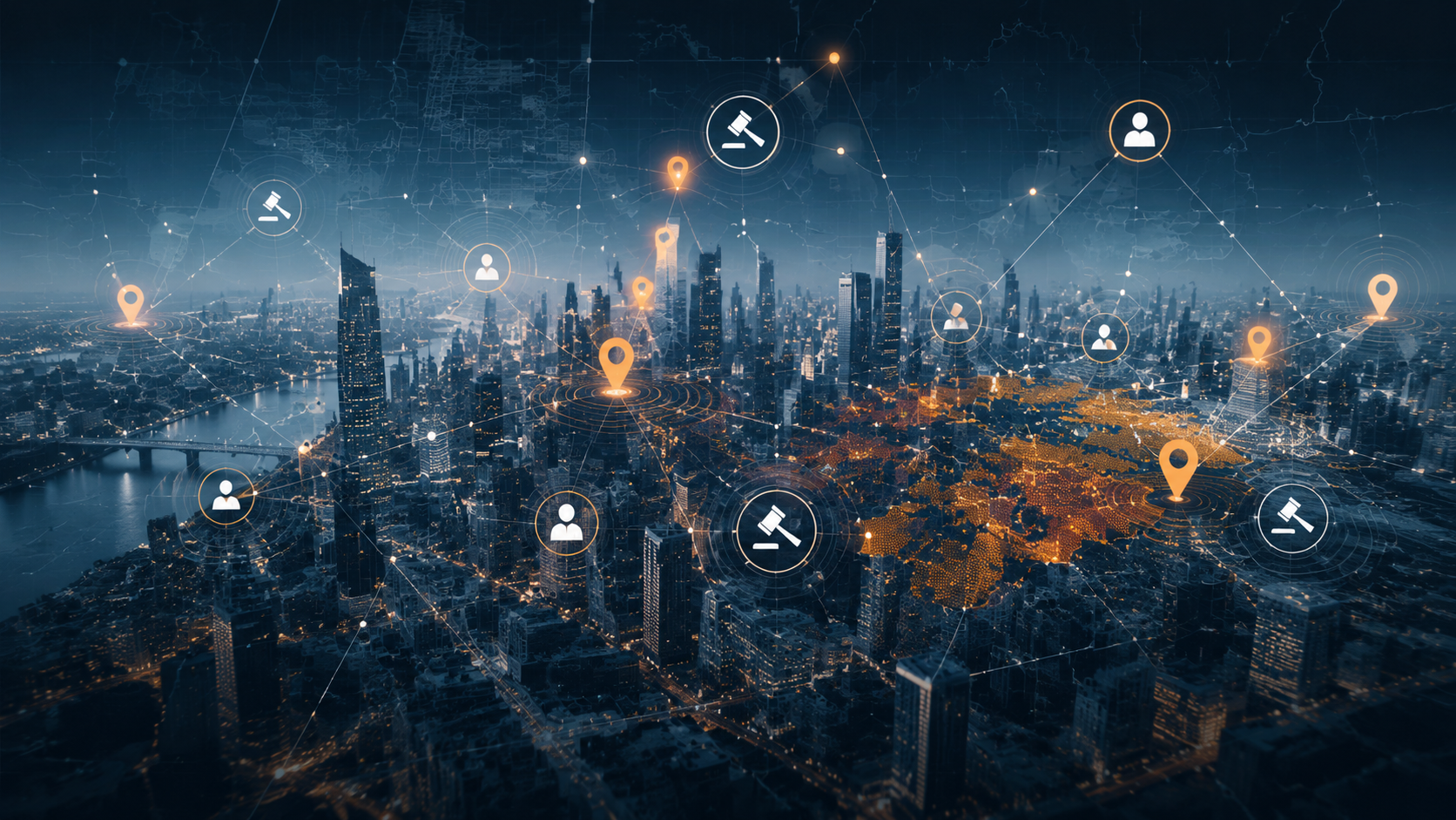 City skyline overlaid with data points, heat-map patches, and network lines representing litigation clusters