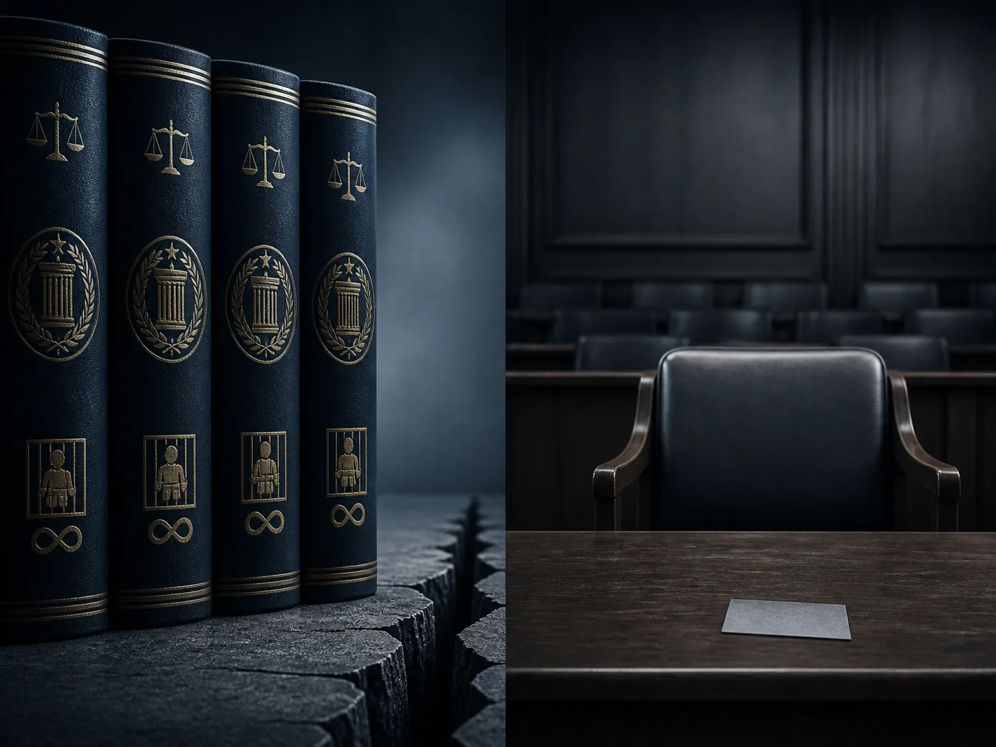 Legal visual contrasting severe statutory penalty books with a vacant courtroom chair and modest verdict slip