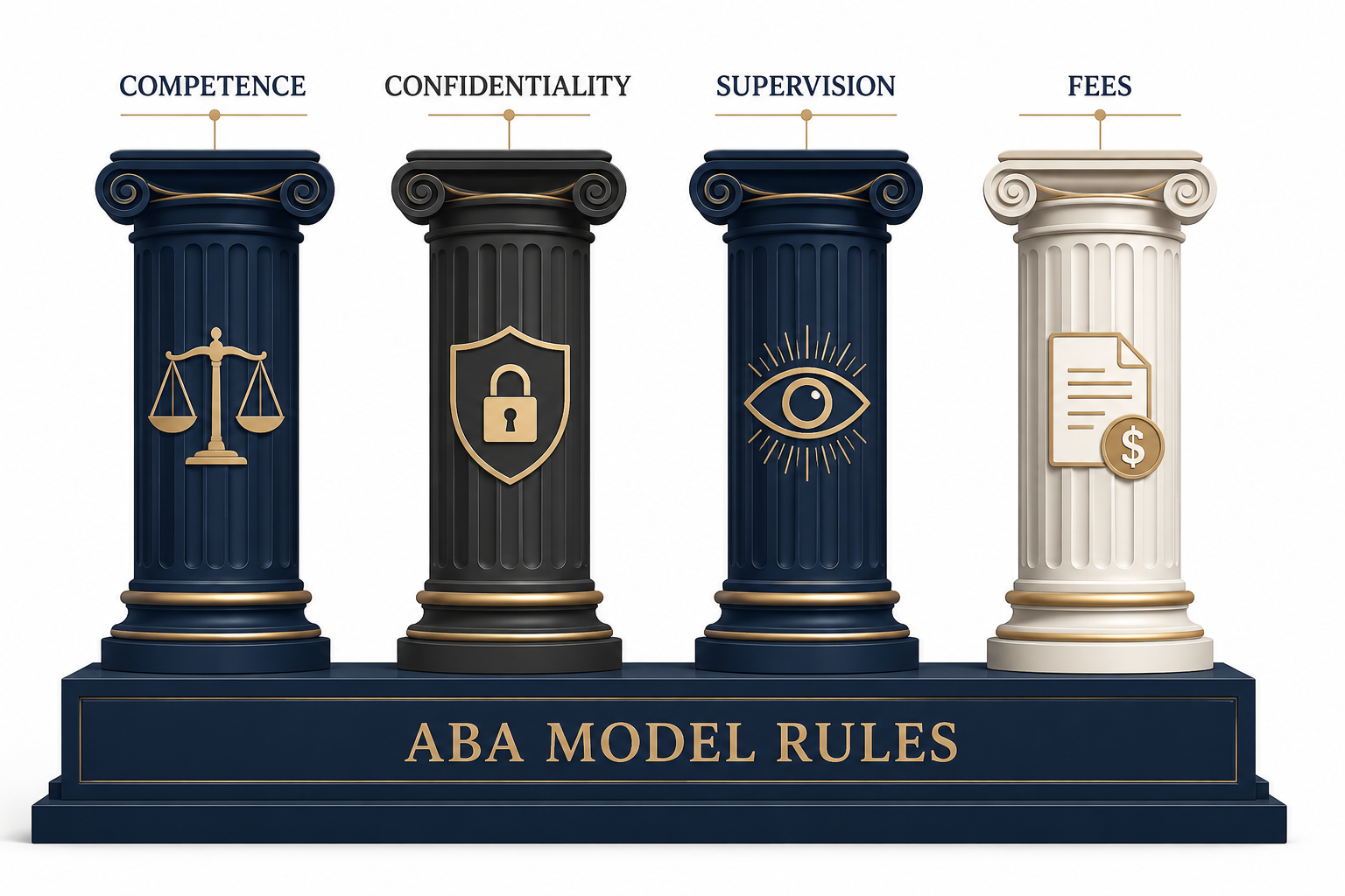 Four pillars labeled Competence, Confidentiality, Supervision, and Fees on an ABA Model Rules base