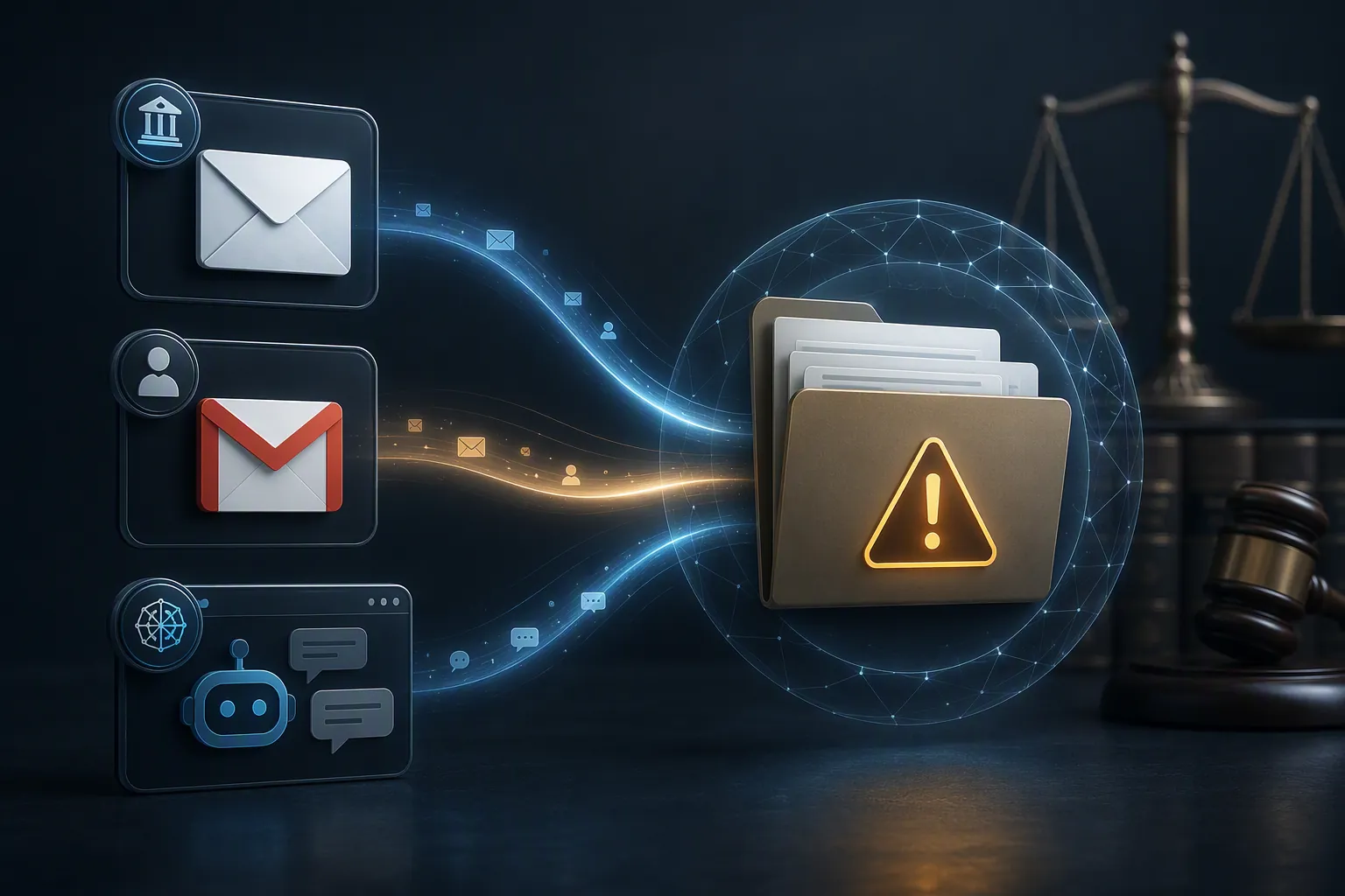 Official email, Gmail, and AI chatbot interfaces flowing into a preserved document folder