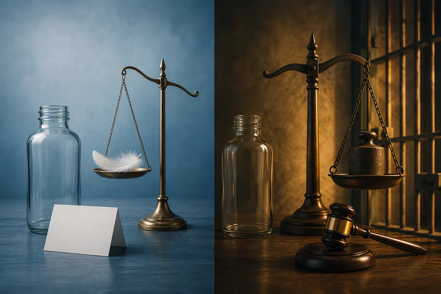 Two-panel comparison showing an open bottle beside a light citation on one side and jail bars with a gavel on the other