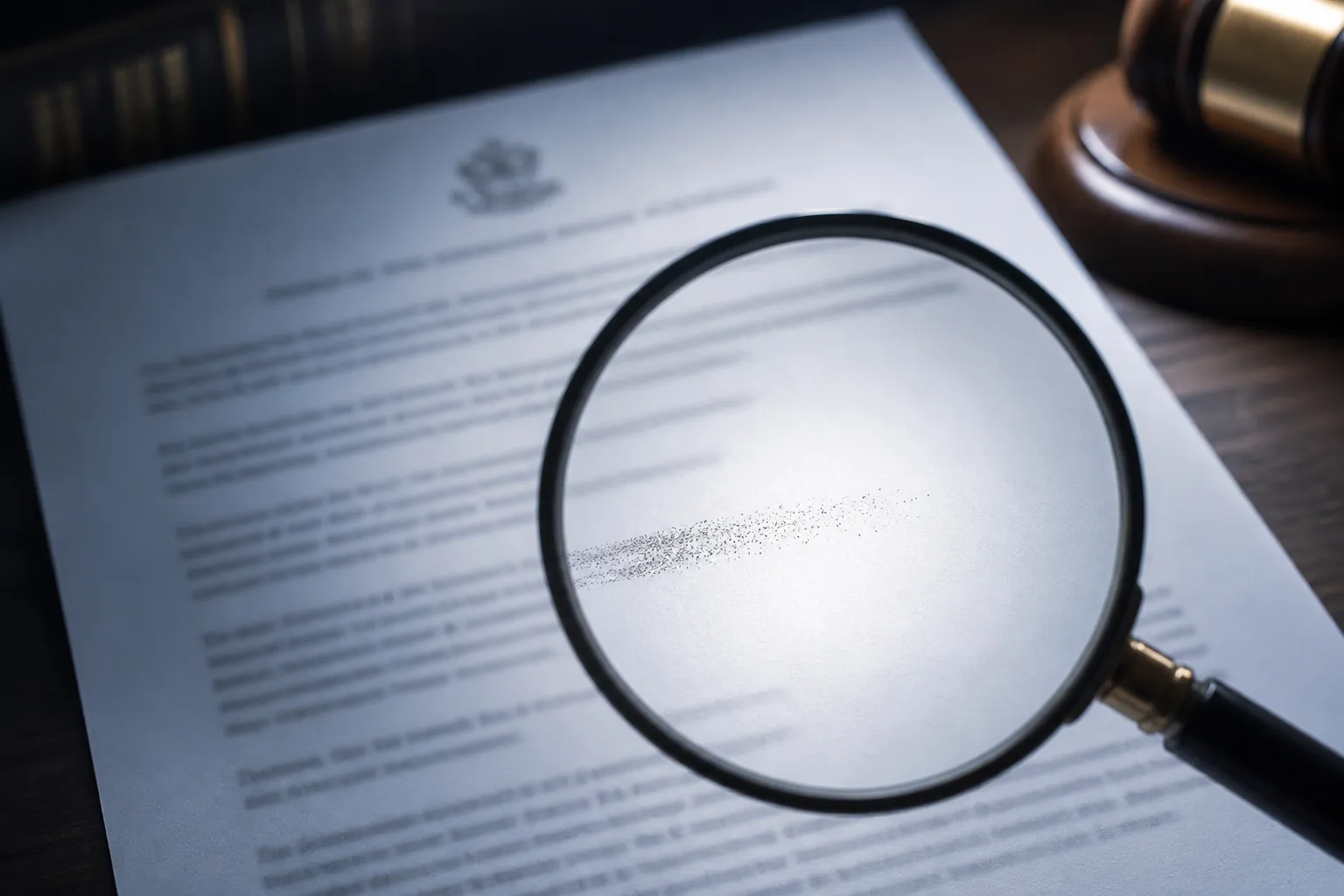 Court order page under a magnifying glass with a citation line fading into blank paper