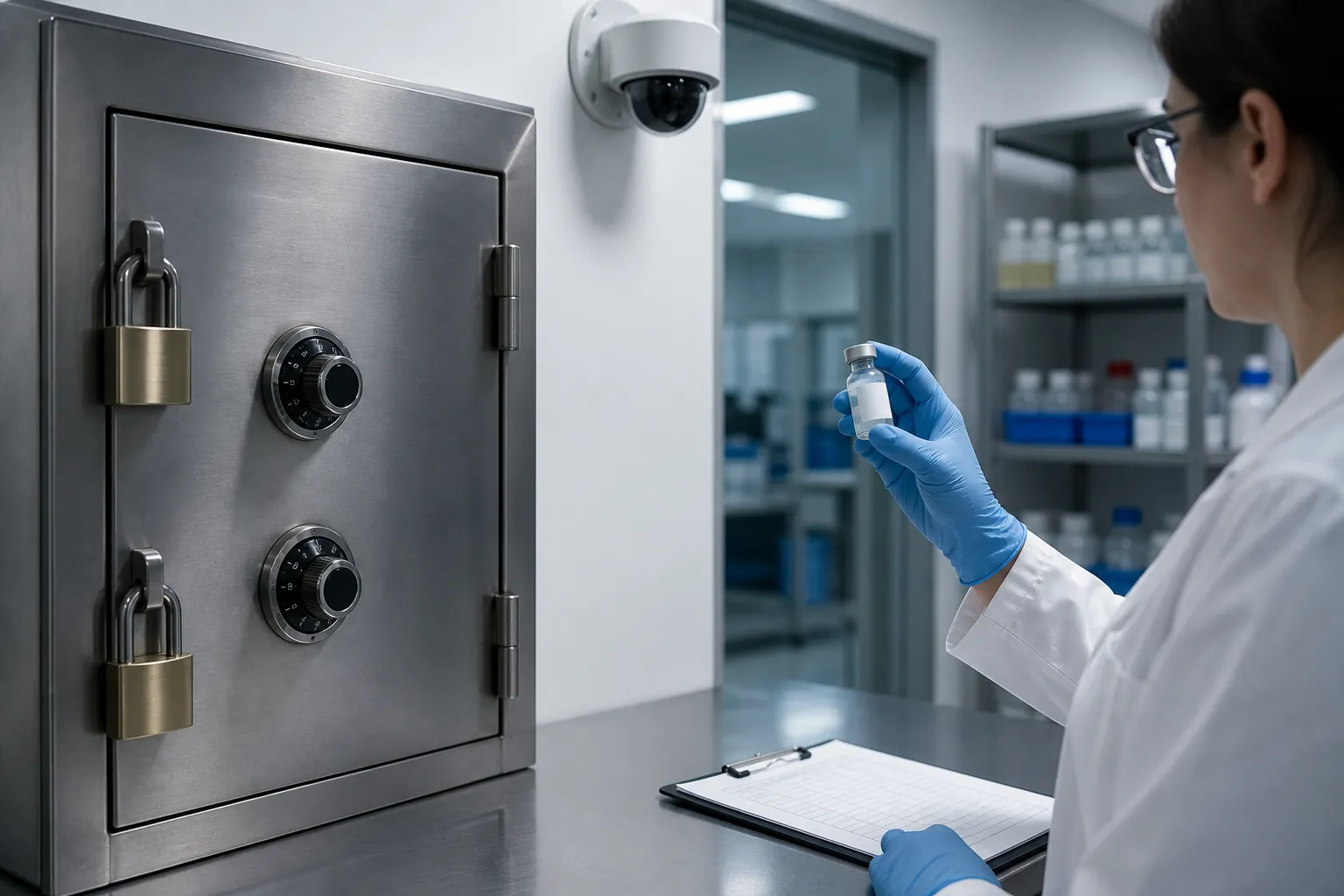 Clinical research pharmacy storage room with a controlled-substance safe, sealed vial, surveillance camera, and inventory clipboard