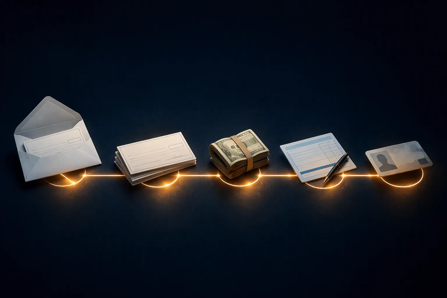 Opened envelope with blank checks, folded cash, bank deposit slip, and plastic ID card connected by a glowing path