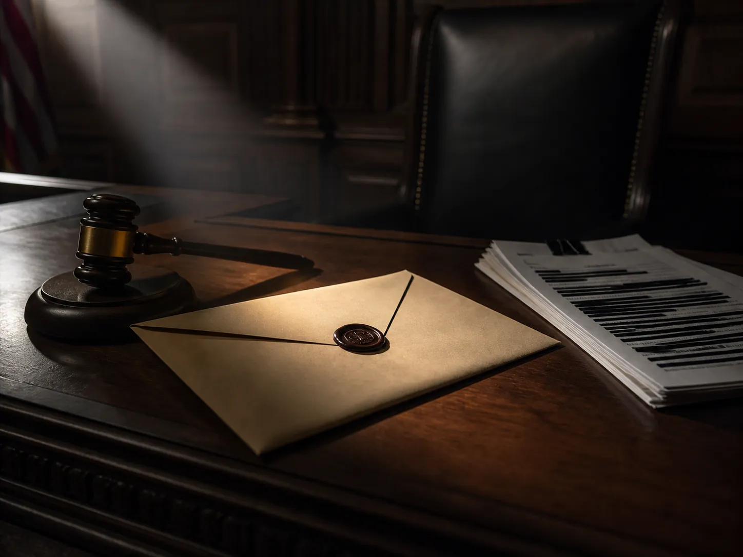 A gavel, sealed court envelope, and redacted legal papers representing a sealed warrant application