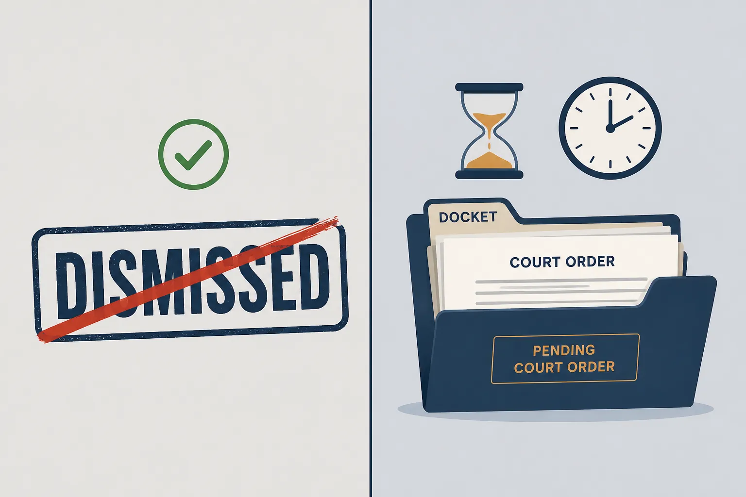 Illustration contrasting dismissed with a pending court order