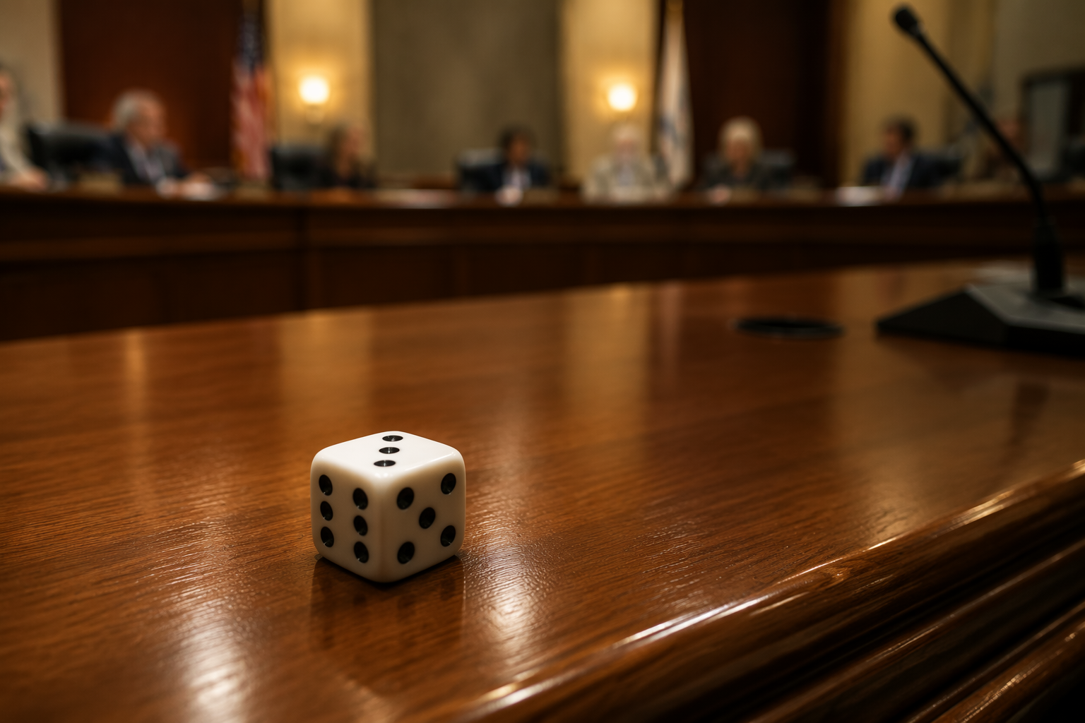 A single die on a polished government dais representing the dice-roll procedure used to resolve a councilmember recusal