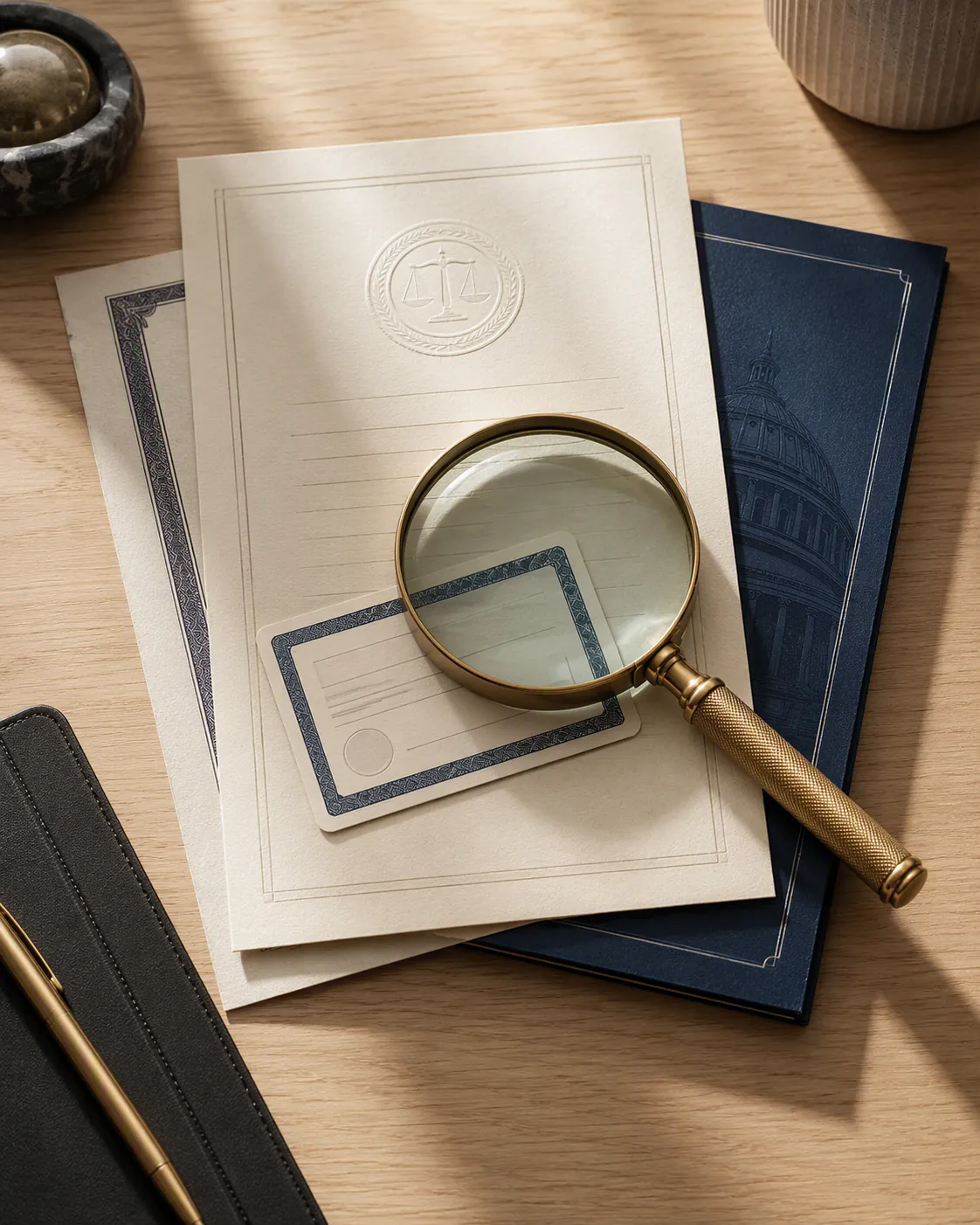 Official-looking identity documents, a voter registration card, and an event program under a magnifying glass