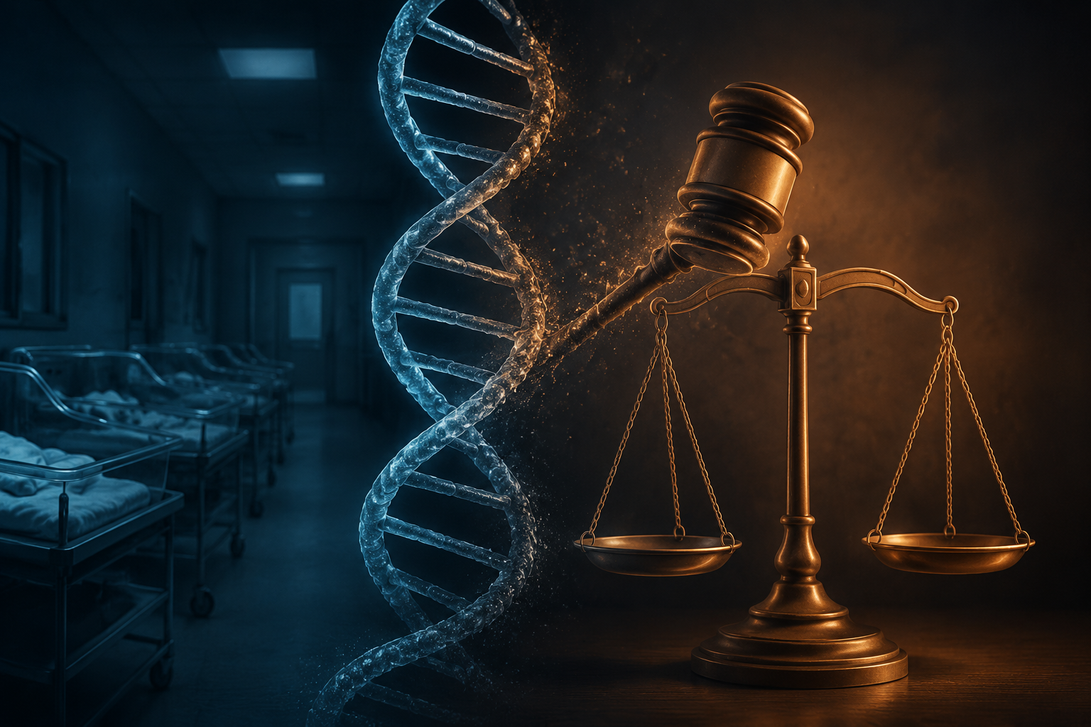 DNA evidence transforming into a legal gavel and scales near a shadowed hospital nursery corridor