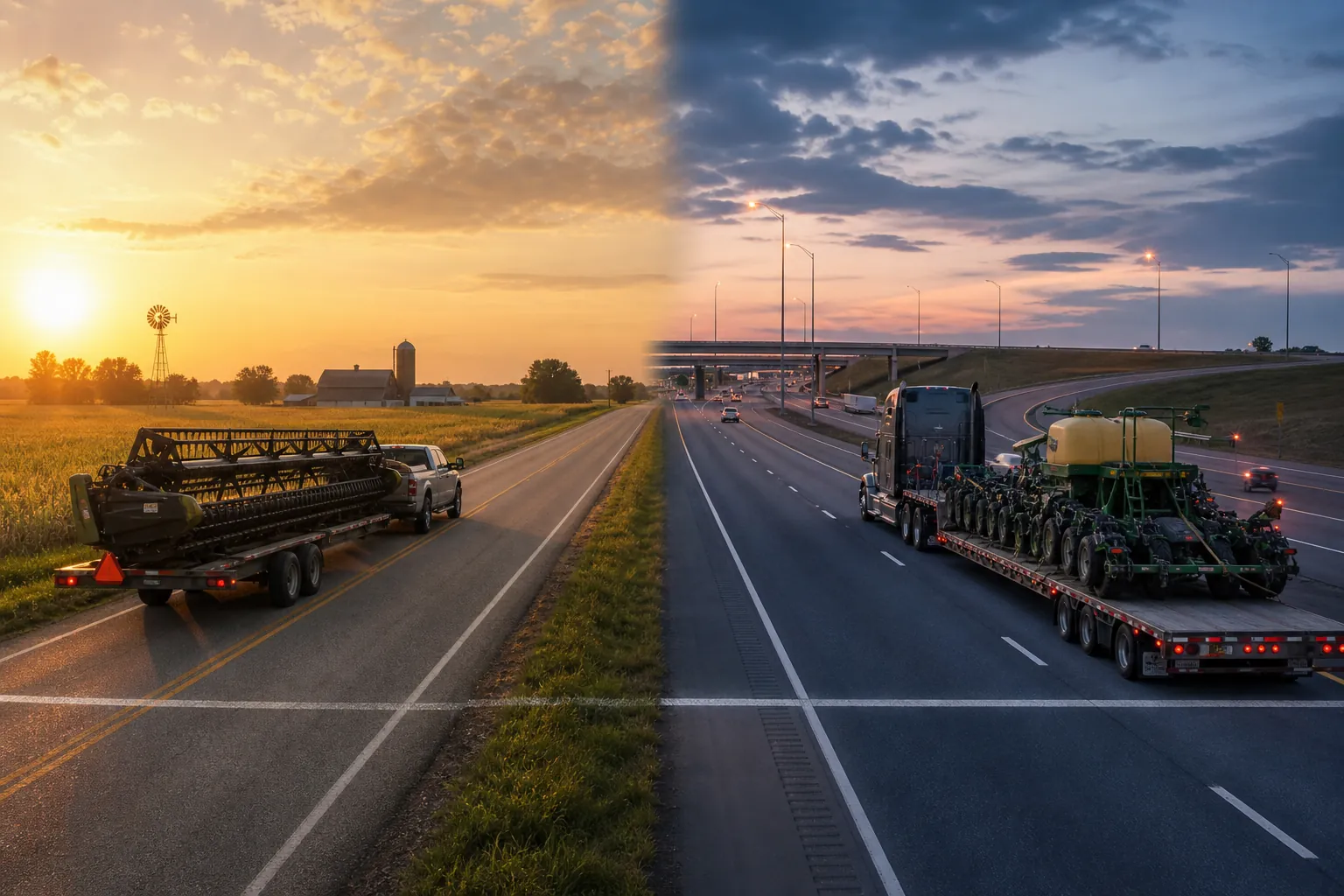 Split highway scene contrasting a farmer hauling a swather on a county road with a commercial flatbed carrying farm machinery toward an interstate