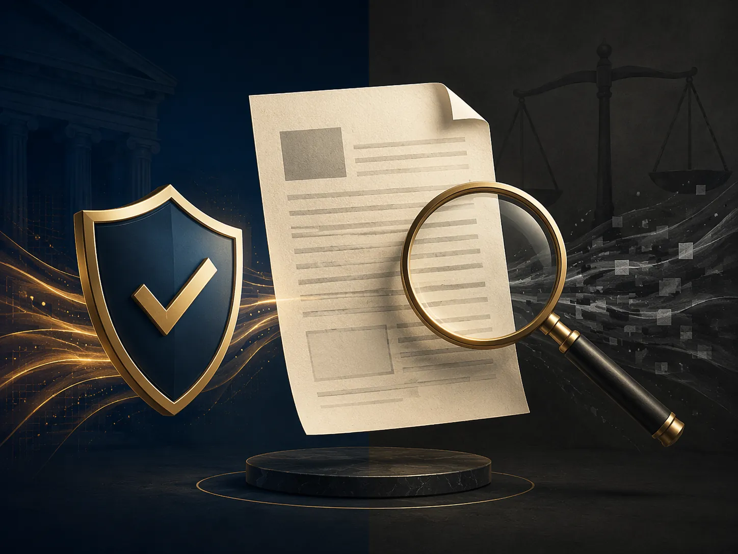 Legal evidence document with shield, checkmark, and magnifying glass representing opposing evidentiary challenges