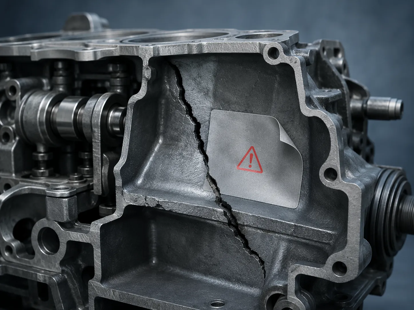 Automotive component cross-section showing a surface patch over a deeper crack