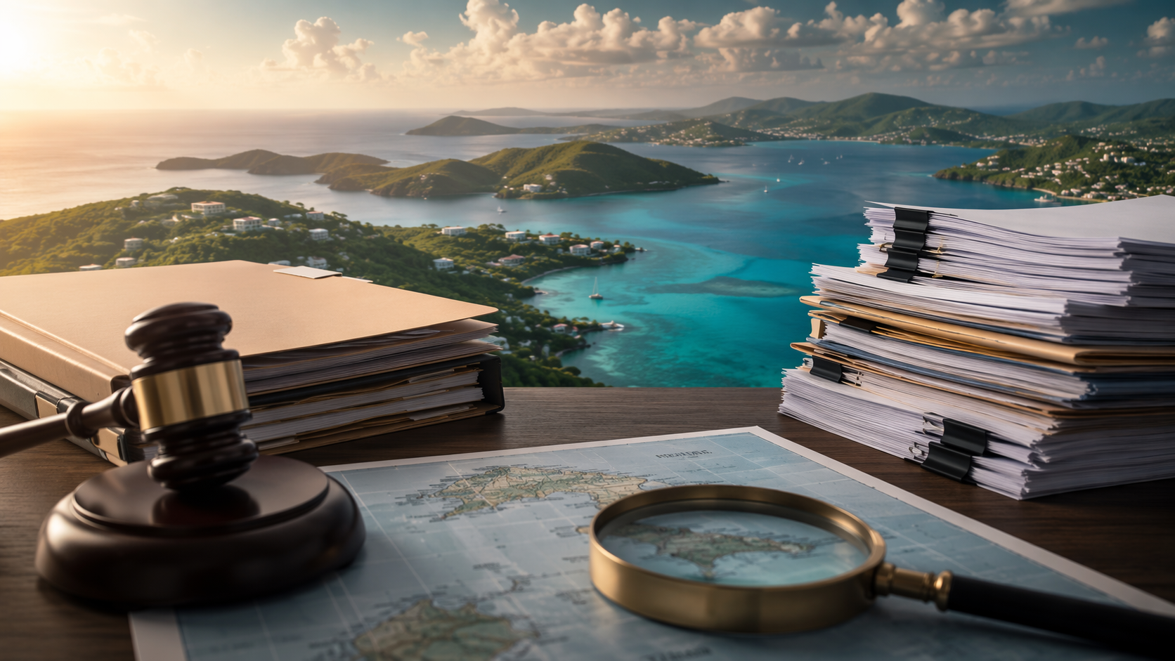 Caribbean coastal scene with paperwork stacks and a gavel silhouette over an island landscape