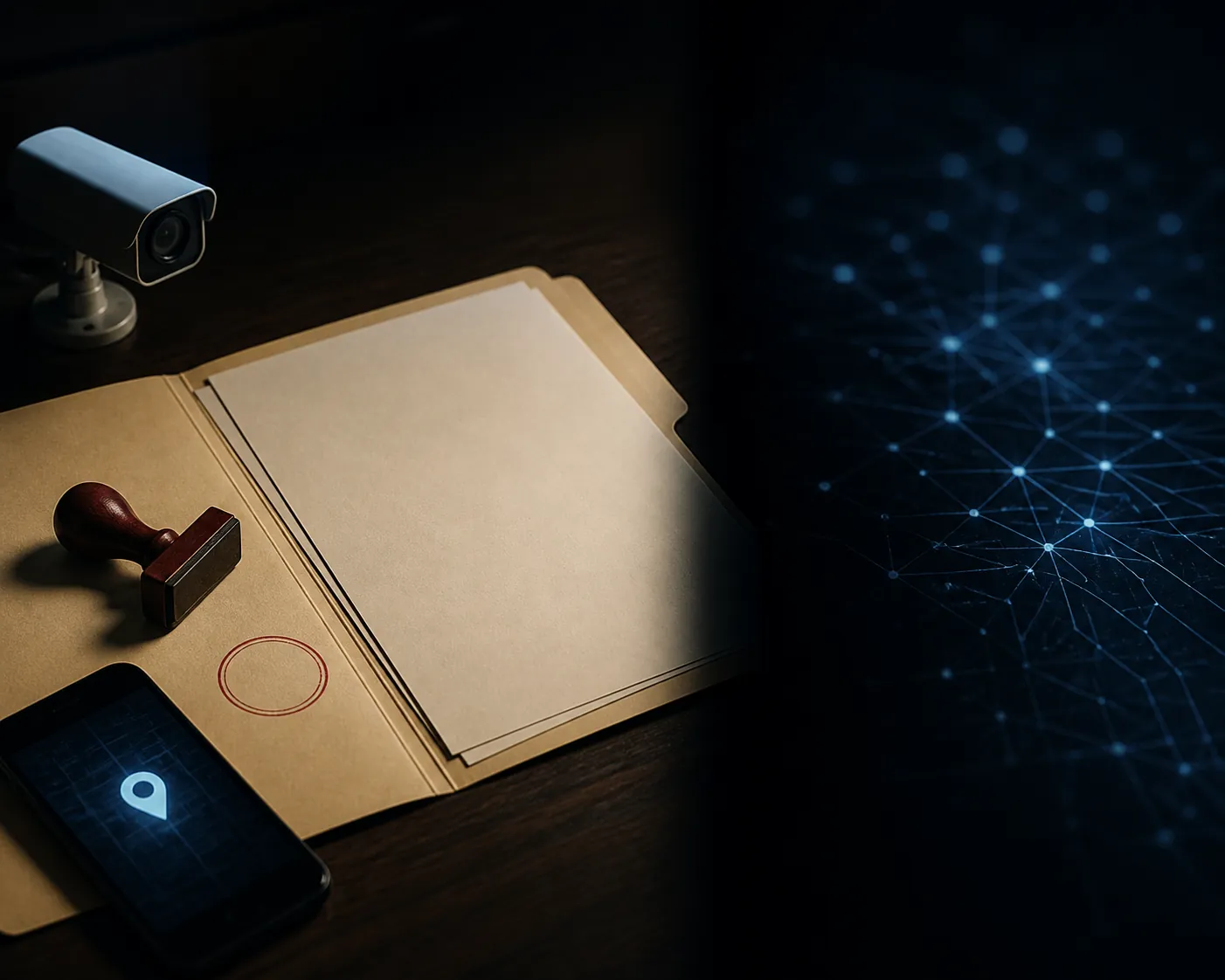 Open case file, phone location pin, surveillance camera, and separated neural-circuit pattern