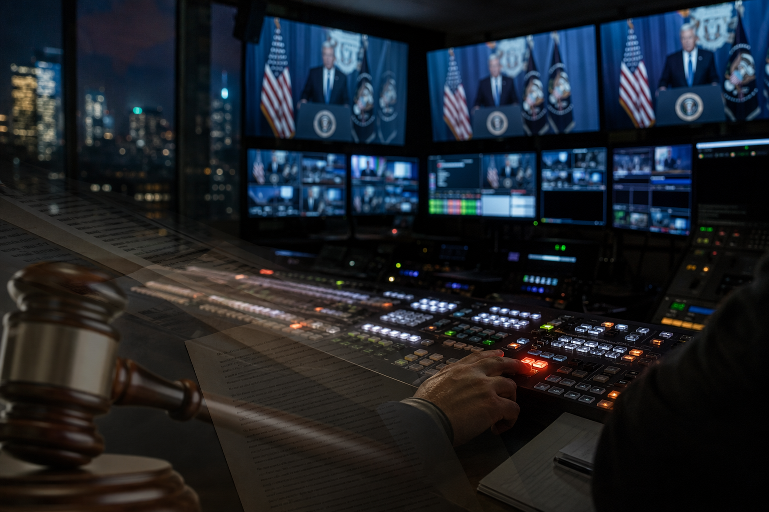 Broadcast control room showing a presidential speaker on monitors with legal documents and a gavel overlay