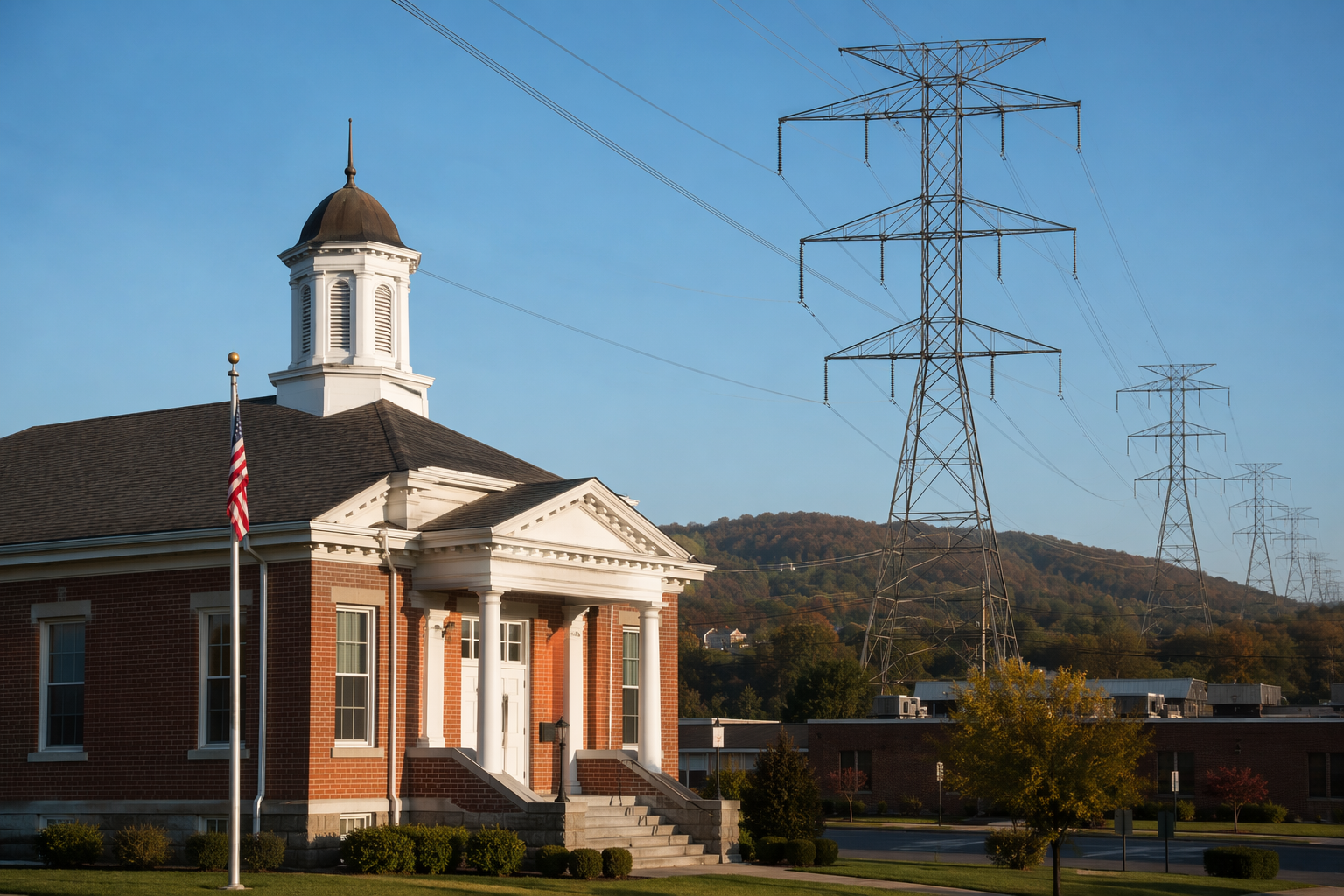 Small-town municipal building with transmission towers in the background