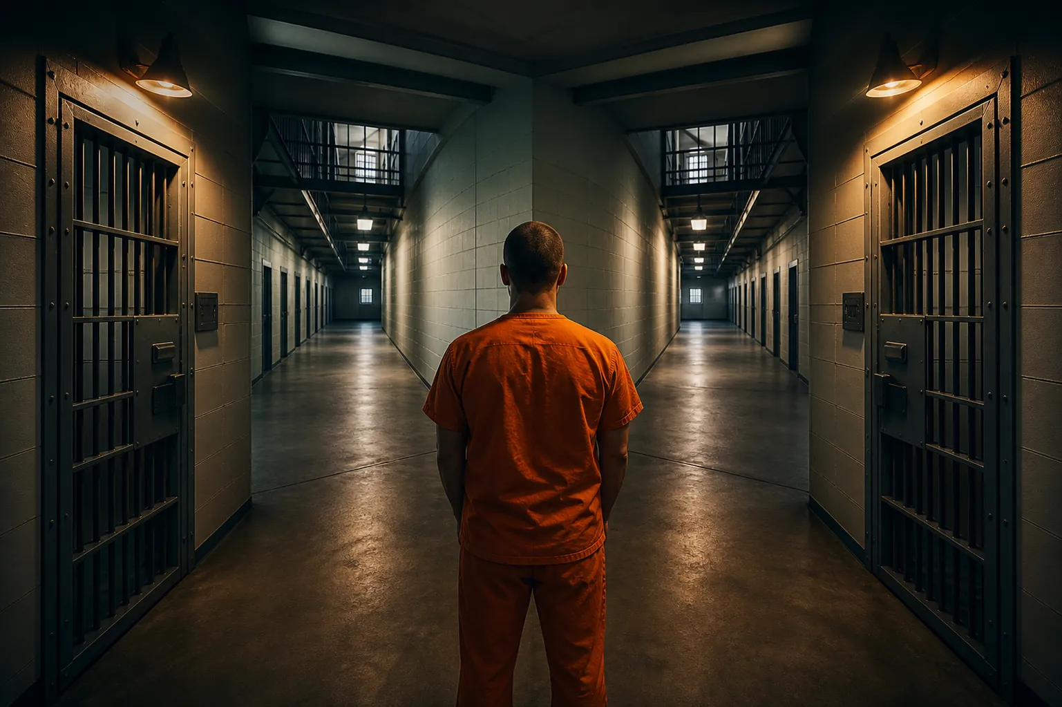 Institutional prison hallway with a figure standing between two barred doorways