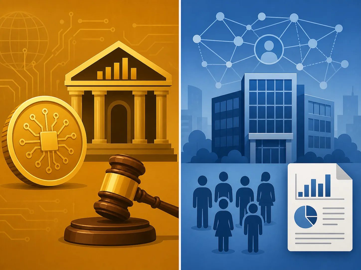 Side-by-side comparison of digital-asset market-structure obligations and AI-related quarterly employment reporting