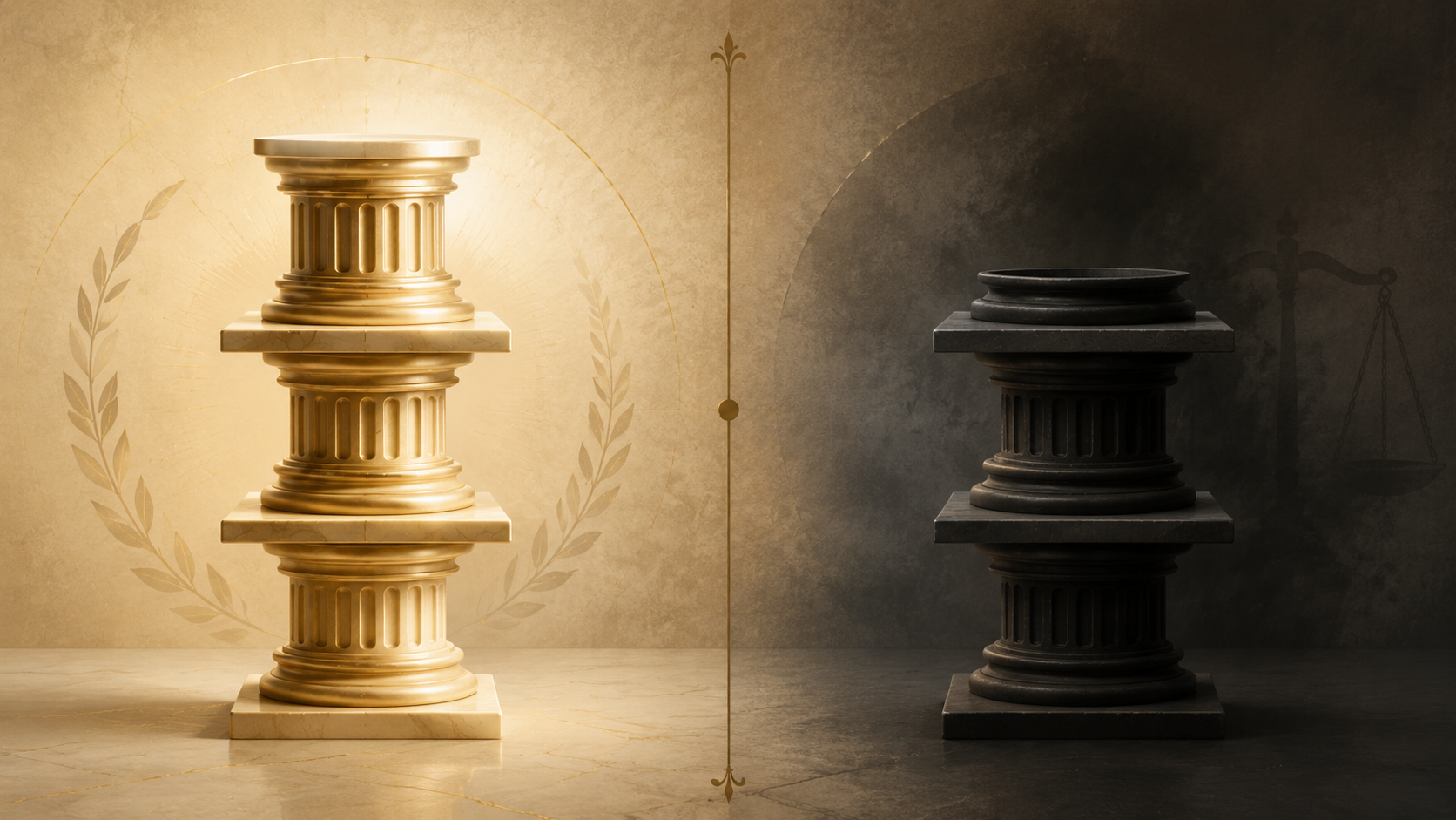 Three gold pillars contrasted with three empty pedestals representing omitted nonproliferation commitments