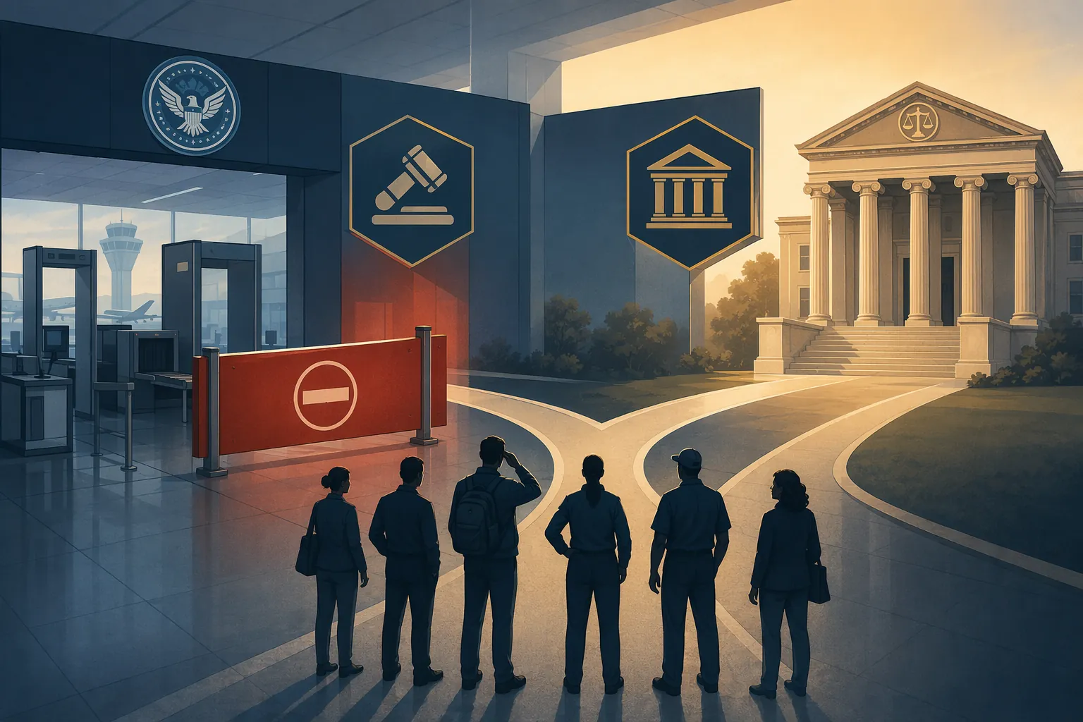 TSA checkpoint illustration showing ATSA Section 111(d) blocking the Title 5 path and a separate route to federal court
